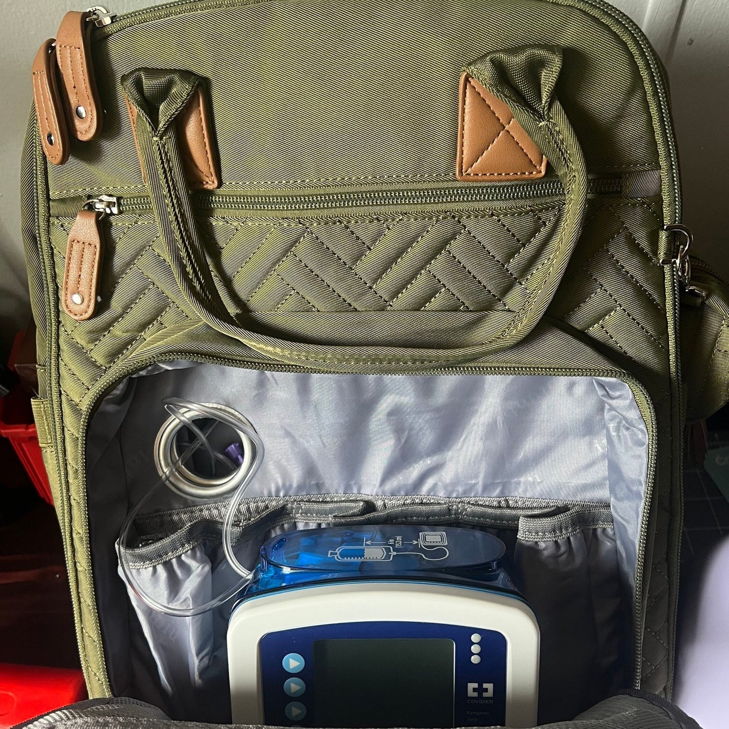 GTube Modified Tube Feeding Backpack | Khaki, Quilted | Large, 16.5” | Adapted for use with Enteralite Infinity and Kangaroo Joey