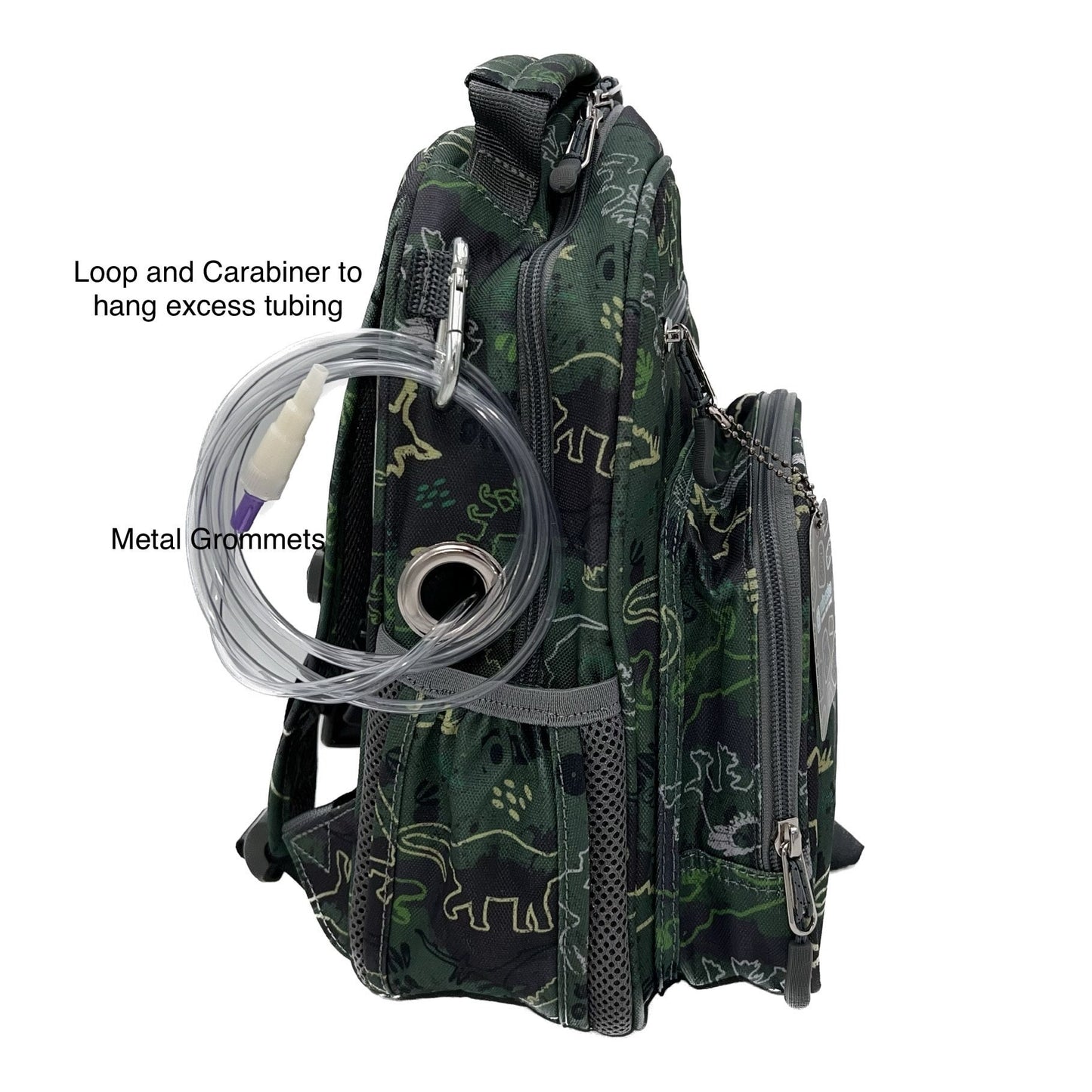 Small Feeding Tube Backpack | Green Camo Dinosaur | For EnteraLite Infinity Feeding Pump, Kangaroo Joey / Omni | 12”