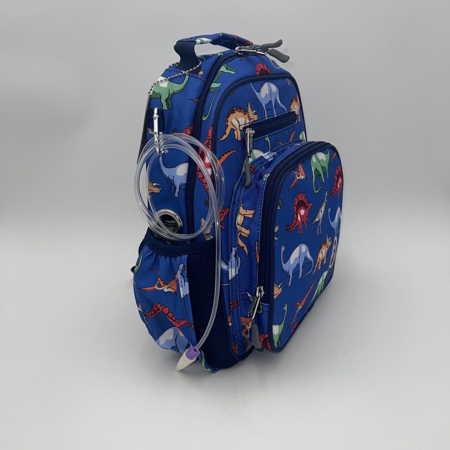 Small Feeding Tube Backpack | Navy Blue Dinosaurs | For EnteraLite Infinity Feeding Pump, Kangaroo Joey / Omni | 12”