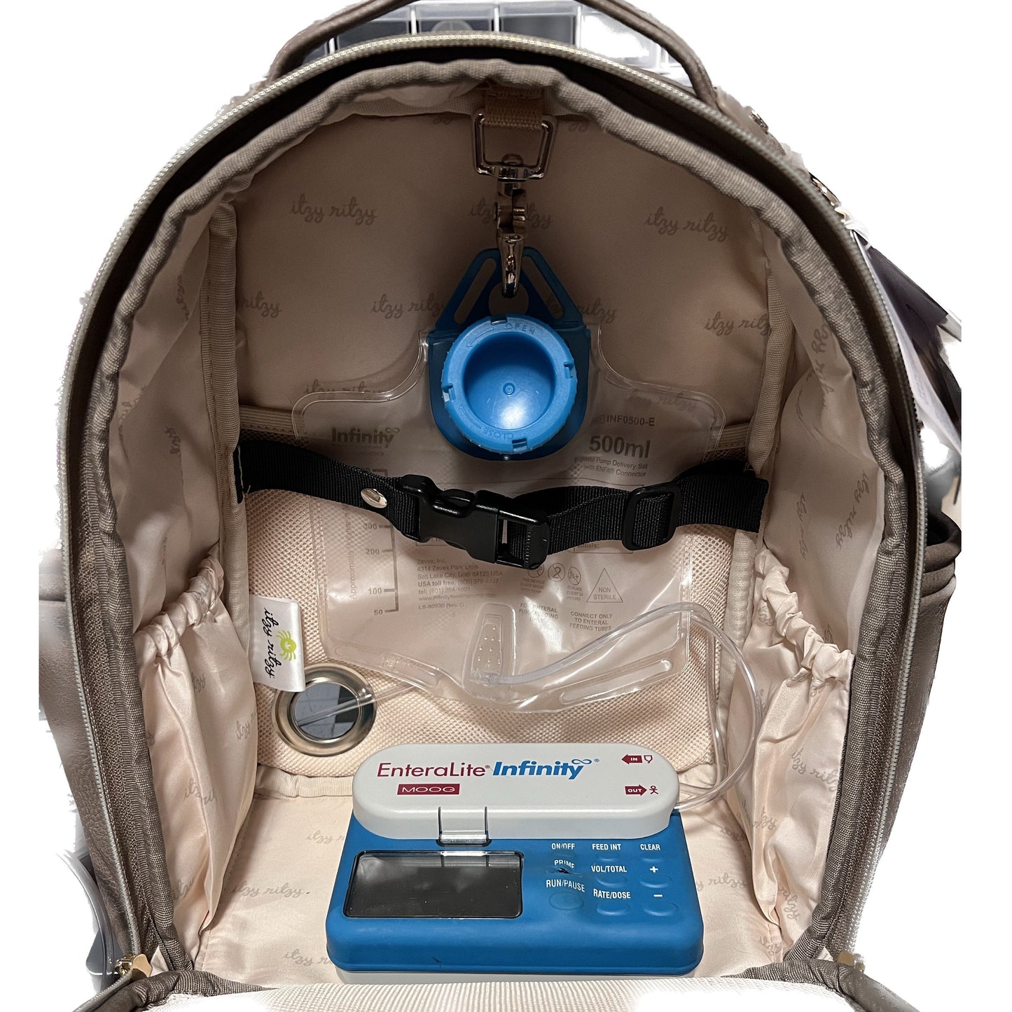 Small Tube Feeding Backpack | Cognac Brown, Vegan Leather | Small, 12” | For Enteralite Infinity, Kangaroo Joey/Omni, TPN