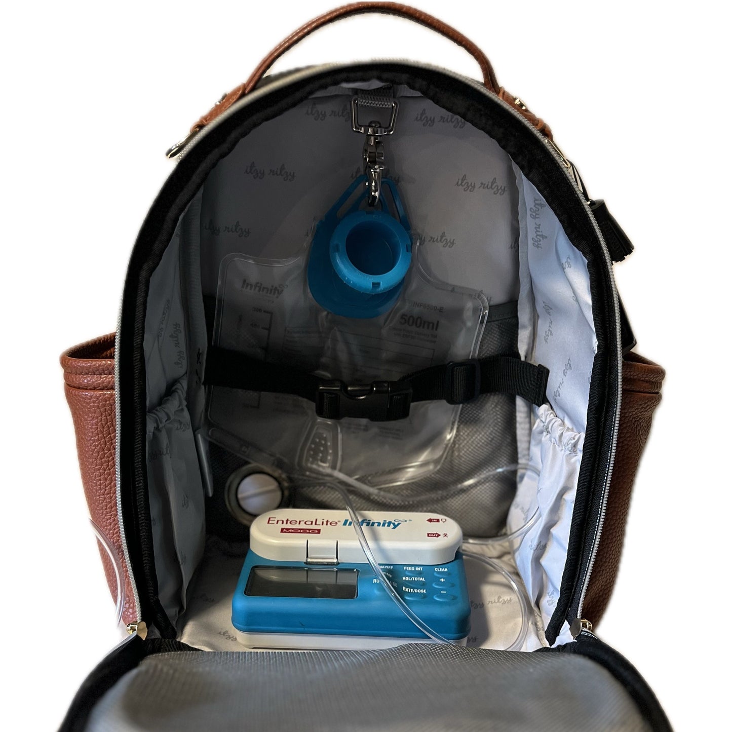Small Tube Feeding Backpack | Coffee and Cream, Vegan Leather | Small, 12” | For Enteralite Infinity, Kangaroo Joey/Omni, TPN