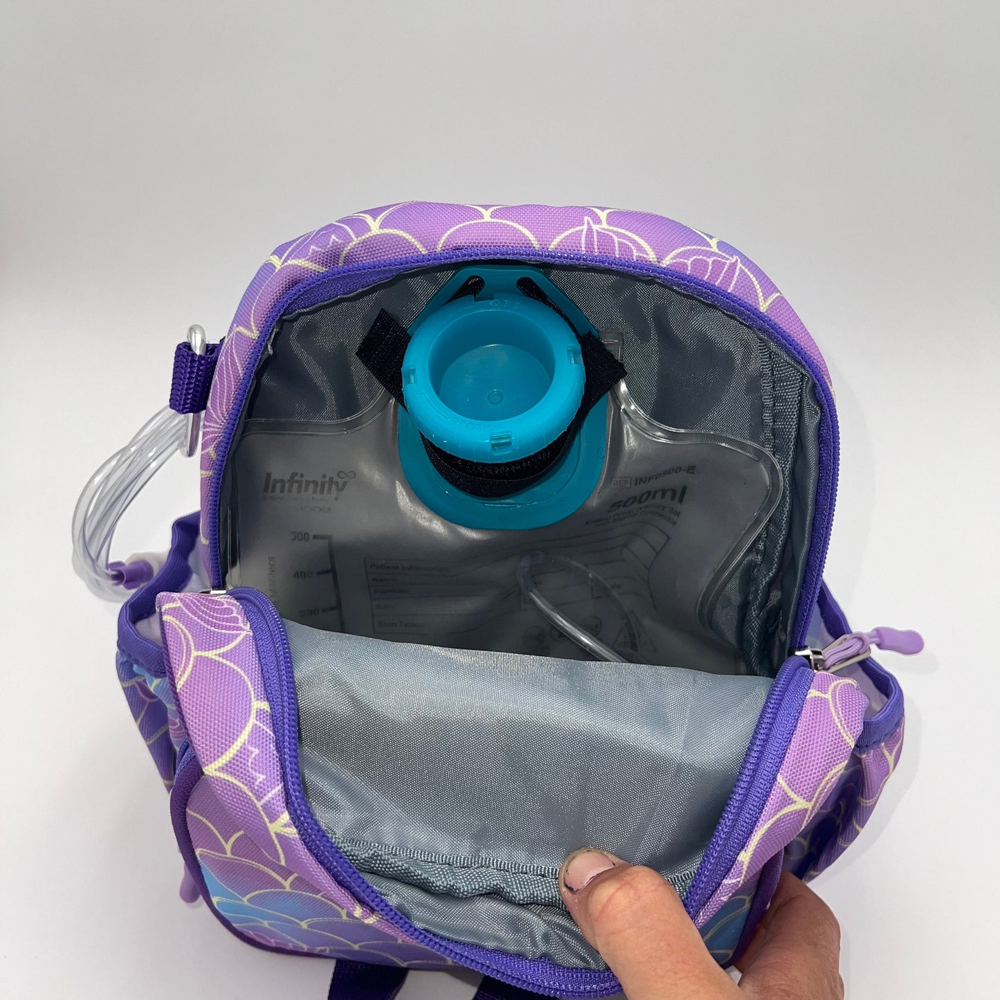 Infant Sized Tube Feeding Backpackwith leash | 500ML | for EnteraLite Infinity Pump | XS 9.5” | Purple Mermaid