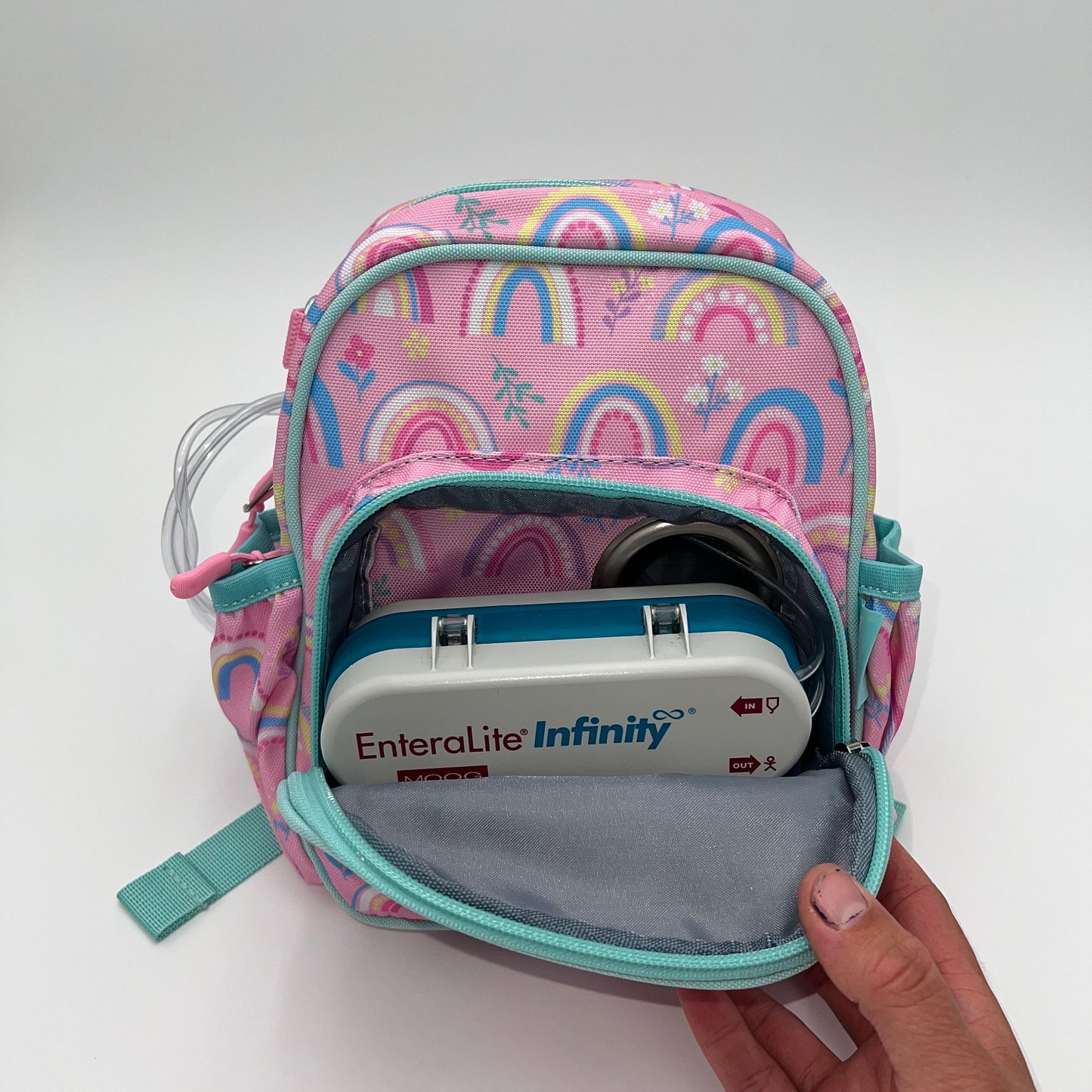 Infant Sized Tube Feeding Backpack with Leash | 500ML | for EnteraLite Infinity Pump | XS 9.5” | Pink Rainbows