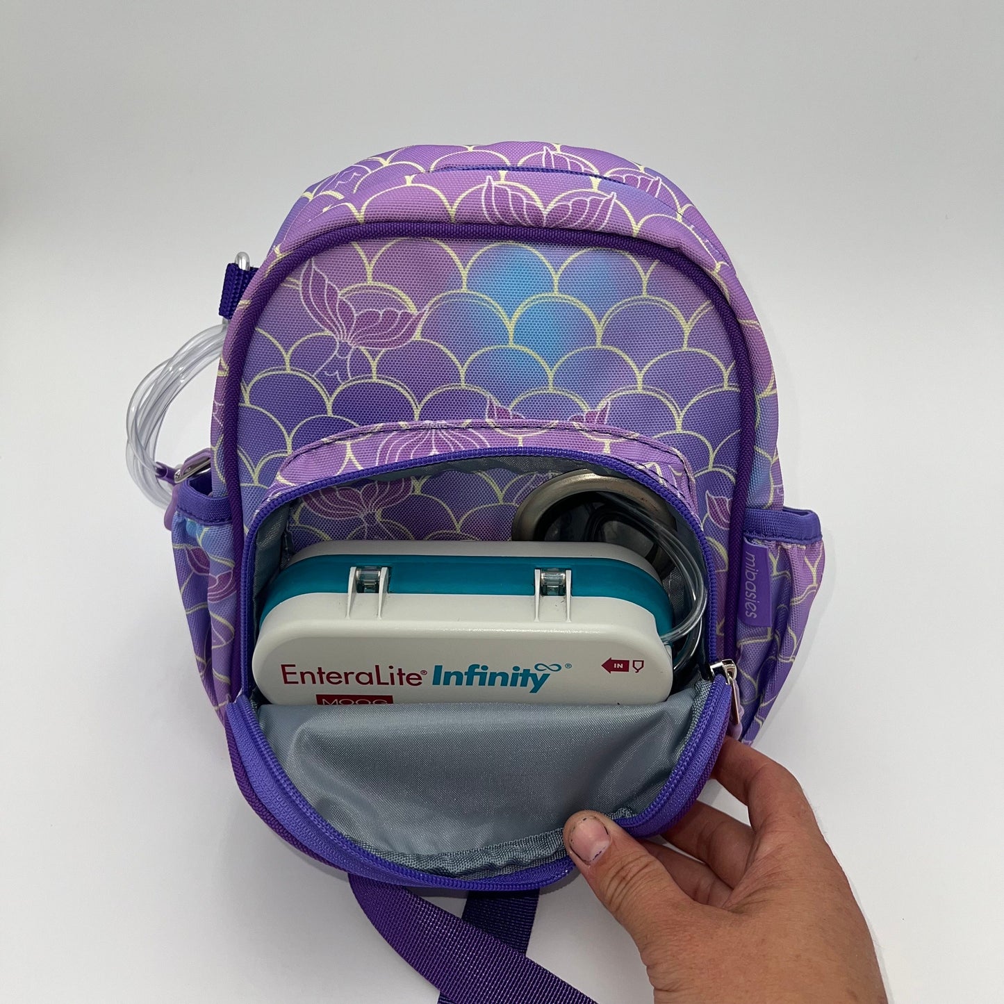 Infant Sized Tube Feeding Backpackwith leash | 500ML | for EnteraLite Infinity Pump | XS 9.5” | Purple Mermaid