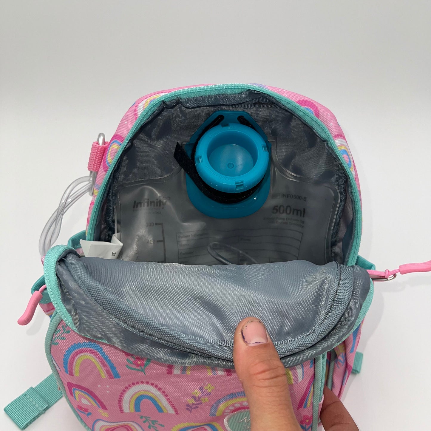 Infant Sized Tube Feeding Backpack with Leash | 500ML | for EnteraLite Infinity Pump | XS 9.5” | Pink Rainbows