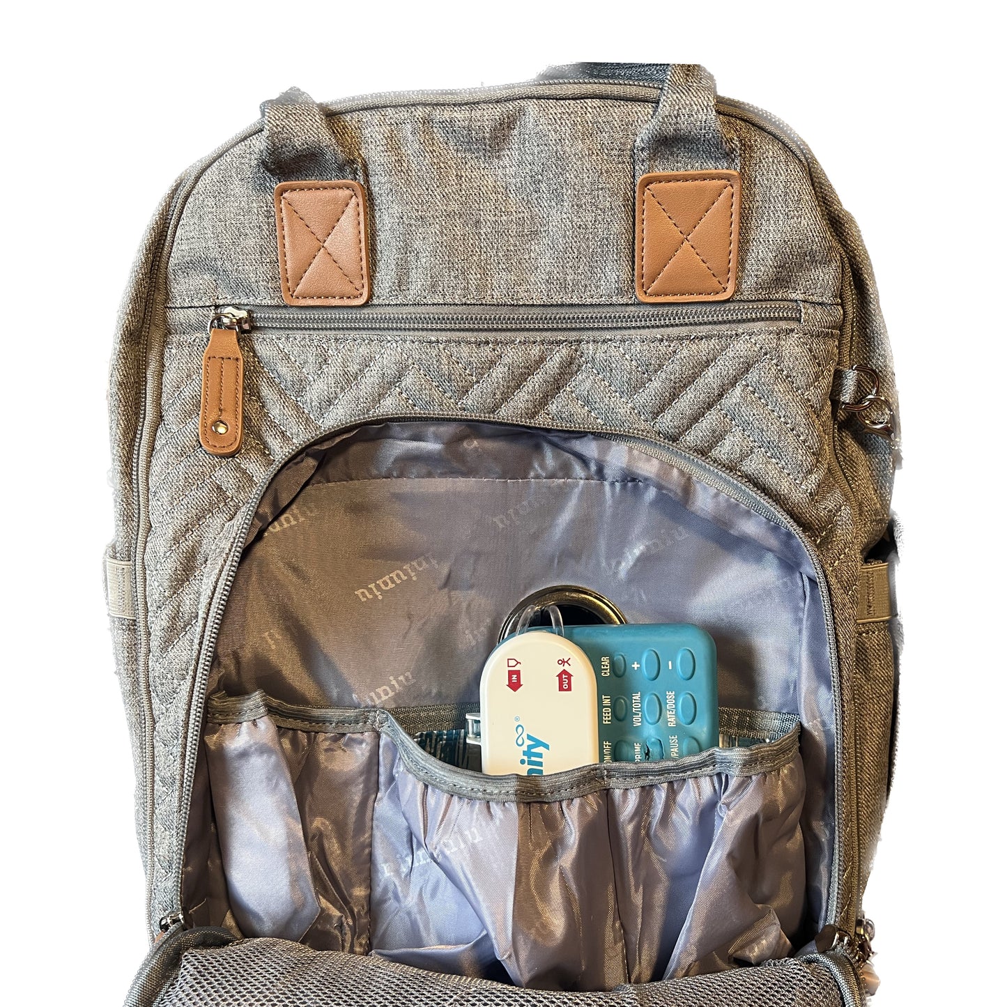 GTube Modified Tube Feeding Backpack | Light Grey, Quilted | Large, 16.5” | Adapted for use with Enteralite Infinity and Kangaroo Joey