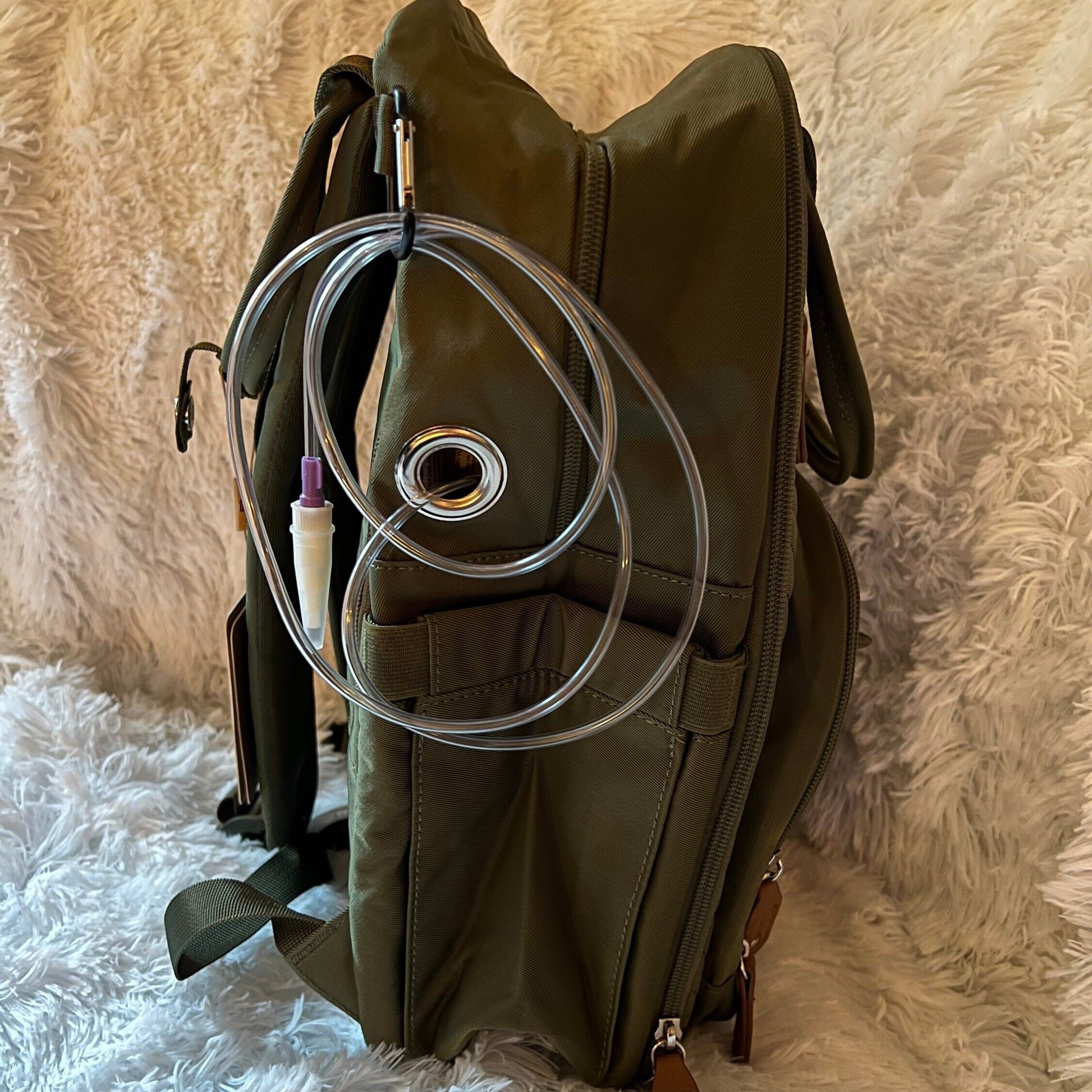 GTube Modified Tube Feeding Backpack | Khaki, Quilted | Large, 16.5” | Adapted for use with Enteralite Infinity and Kangaroo Joey