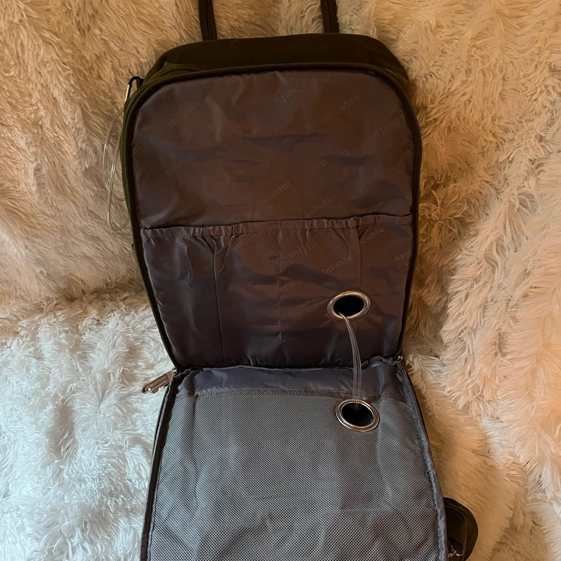 GTube Modified Tube Feeding Backpack | Khaki, Quilted | Large, 16.5” | Adapted for use with Enteralite Infinity and Kangaroo Joey