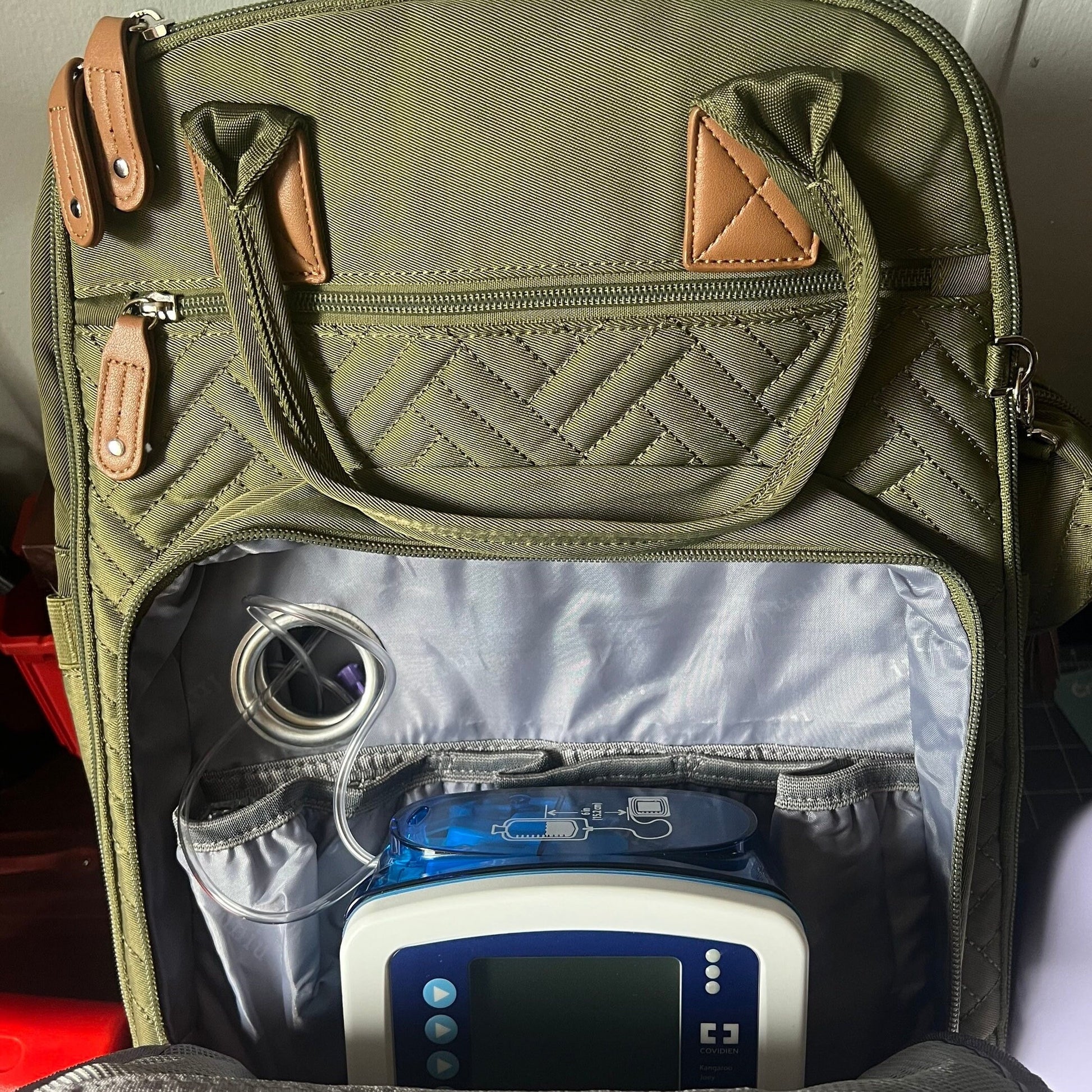 GTube Modified Tube Feeding Backpack | Khaki, Quilted | Large, 16.5” | Adapted for use with Enteralite Infinity and Kangaroo Joey