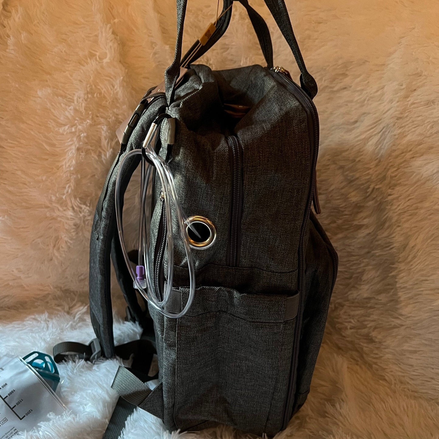 GTube Modified Tube Feeding Backpack | Light Grey, Quilted | Large, 16.5” | Adapted for use with Enteralite Infinity and Kangaroo Joey