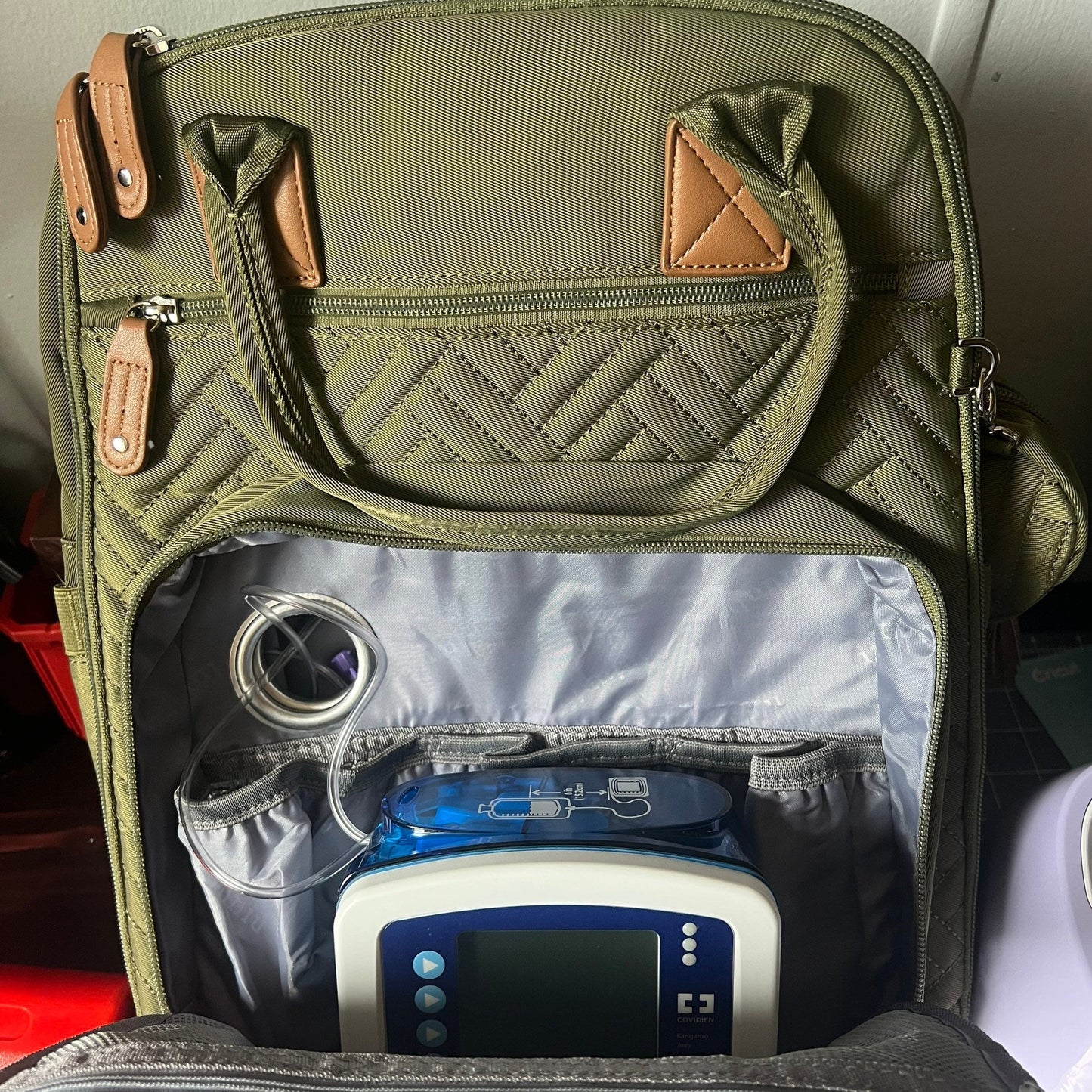 GTube Modified Tube Feeding Backpack | Light Grey, Quilted | Large, 16.5” | Adapted for use with Enteralite Infinity and Kangaroo Joey