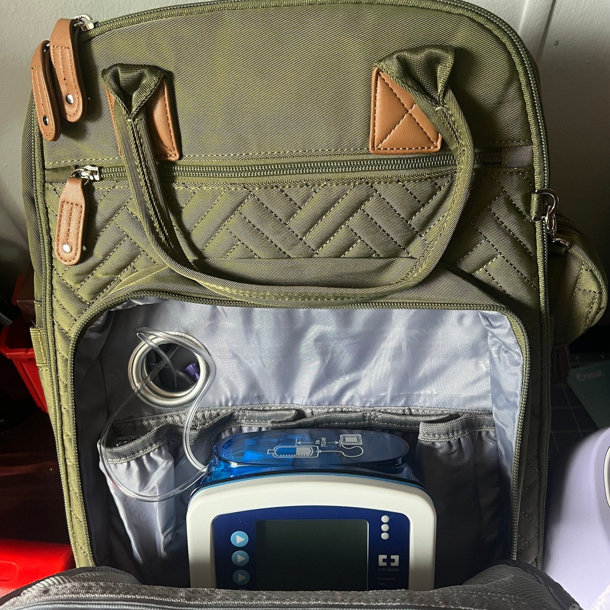 GTube Modified Tube Feeding Backpack | Light Grey, Quilted | Large, 16.5” | Adapted for use with Enteralite Infinity and Kangaroo Joey