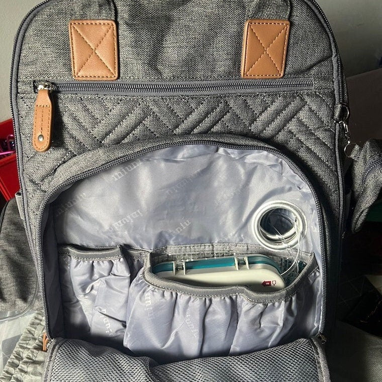 GTube Modified Tube Feeding Backpack | Navy Blue, Quilted | Large, 16.5” | Adapted for use with Enteralite Infinity and Kangaroo Joey