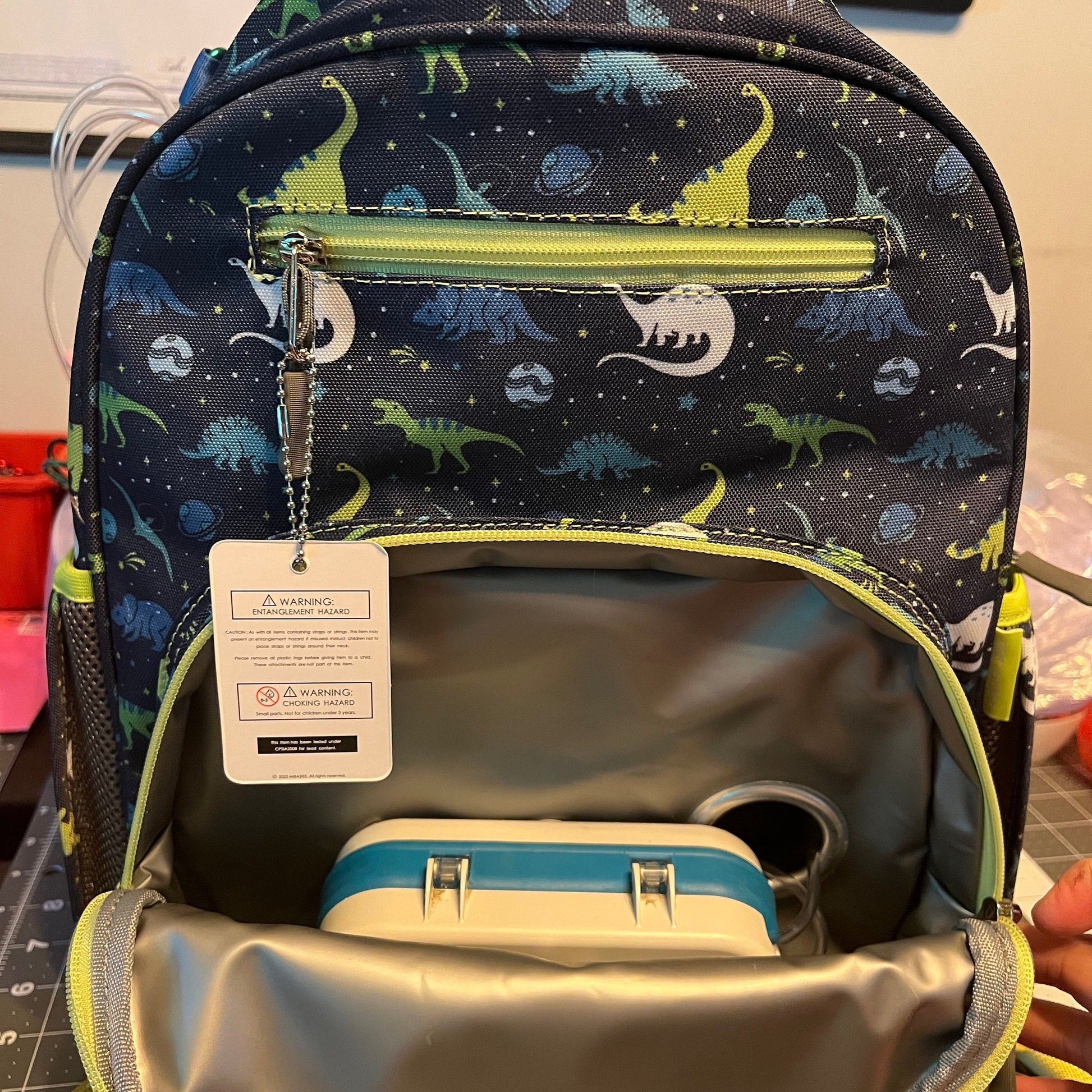 Medium/Large 15” | Gtube Modified Feeding Tube Backpack | Blue Dinosaur | For EnteraLite Infinity Feeding Pump