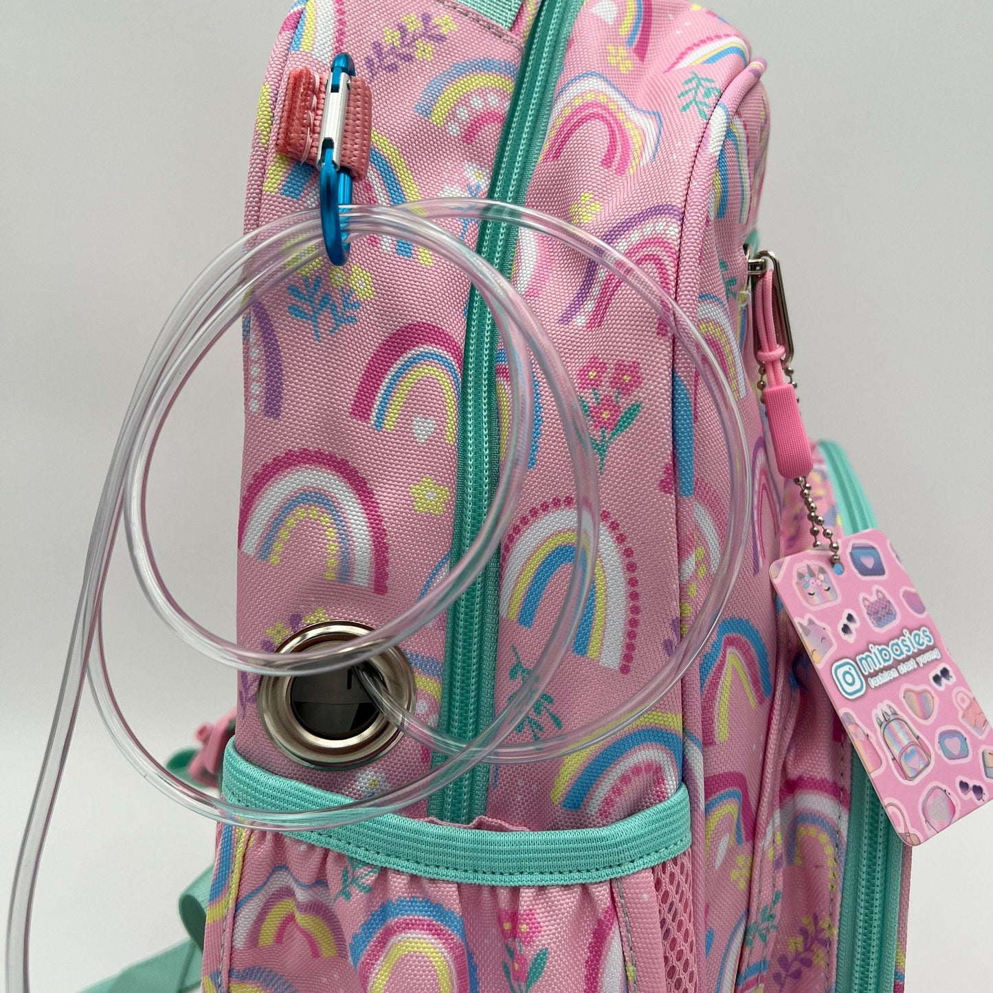 Medium/Large 15” | Gtube Modified Feeding Tube Backpack | Pink Rainbow | For EnteraLite Infinity Feeding Pump