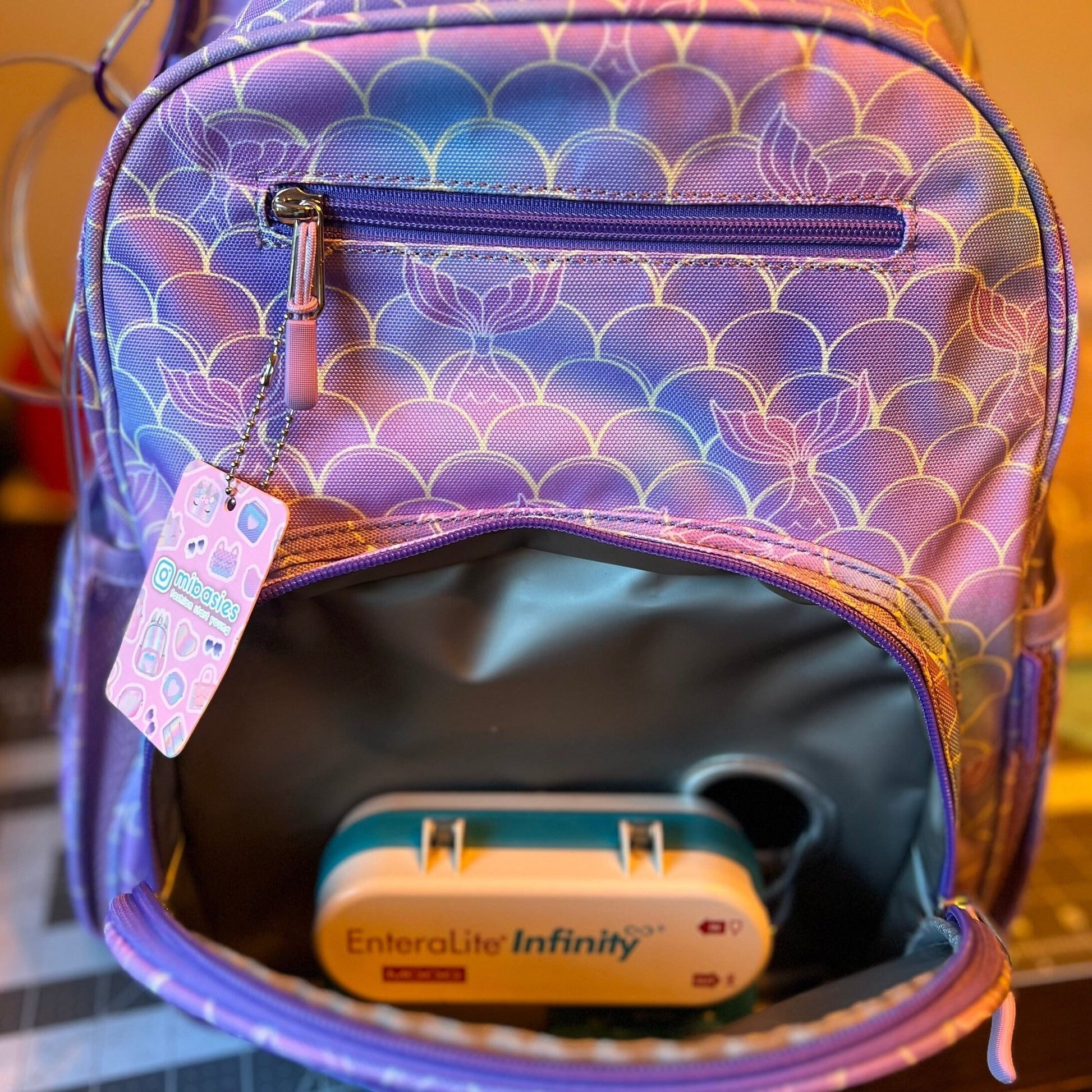 Medium/Large 15” | Gtube Modified Feeding Tube Backpack | Purple Mermaid | For EnteraLite Infinity Feeding Pump