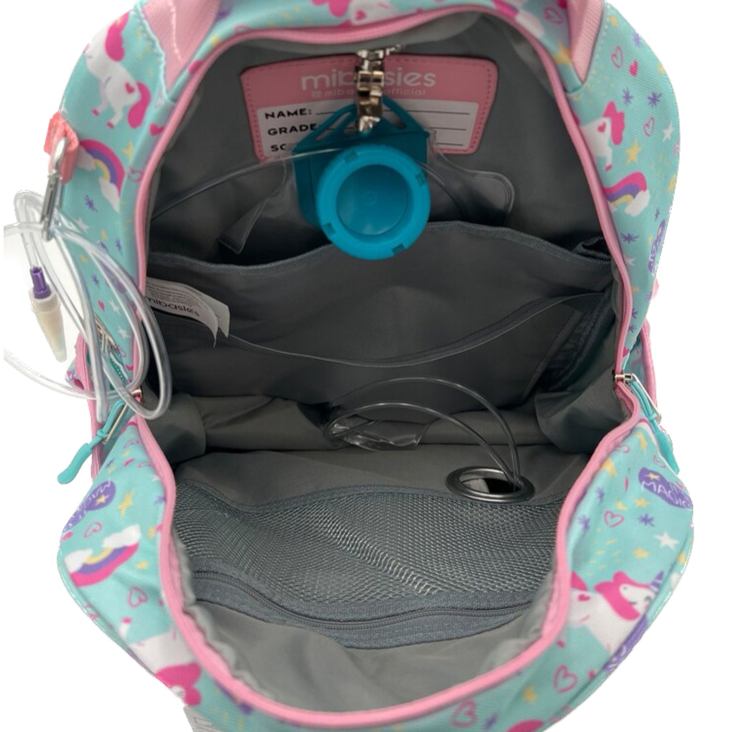 Medium/Large 15” | Gtube Modified Feeding Tube Backpack | Mint Blue Unicorn | For EnteraLite Infinity Feeding Pump