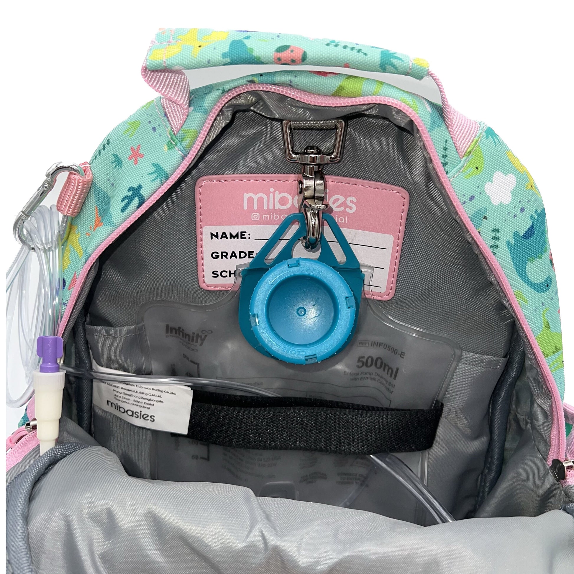 Small Feeding Tube Backpack | Teal and Pink Dinosaurs | For EnteraLite Infinity Feeding Pump | 12”