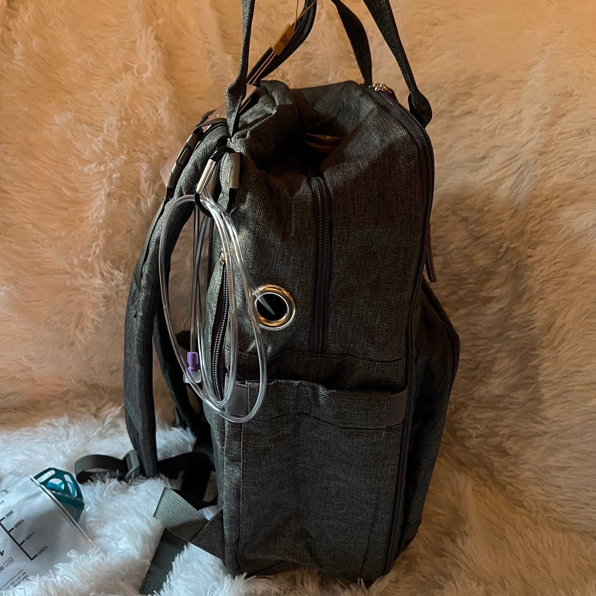 GTube Modified Tube Feeding Backpack | Dark Grey, Quilted | Large, 16.5” | Adapted for use with Enteralite Infinity and Kangaroo Joey