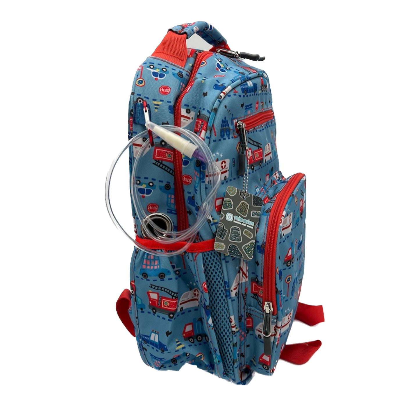 Medium/Large 15” | Gtube Modified Feeding Tube Backpack | Blue and Red Vehicles | For EnteraLite Infinity Feeding Pump