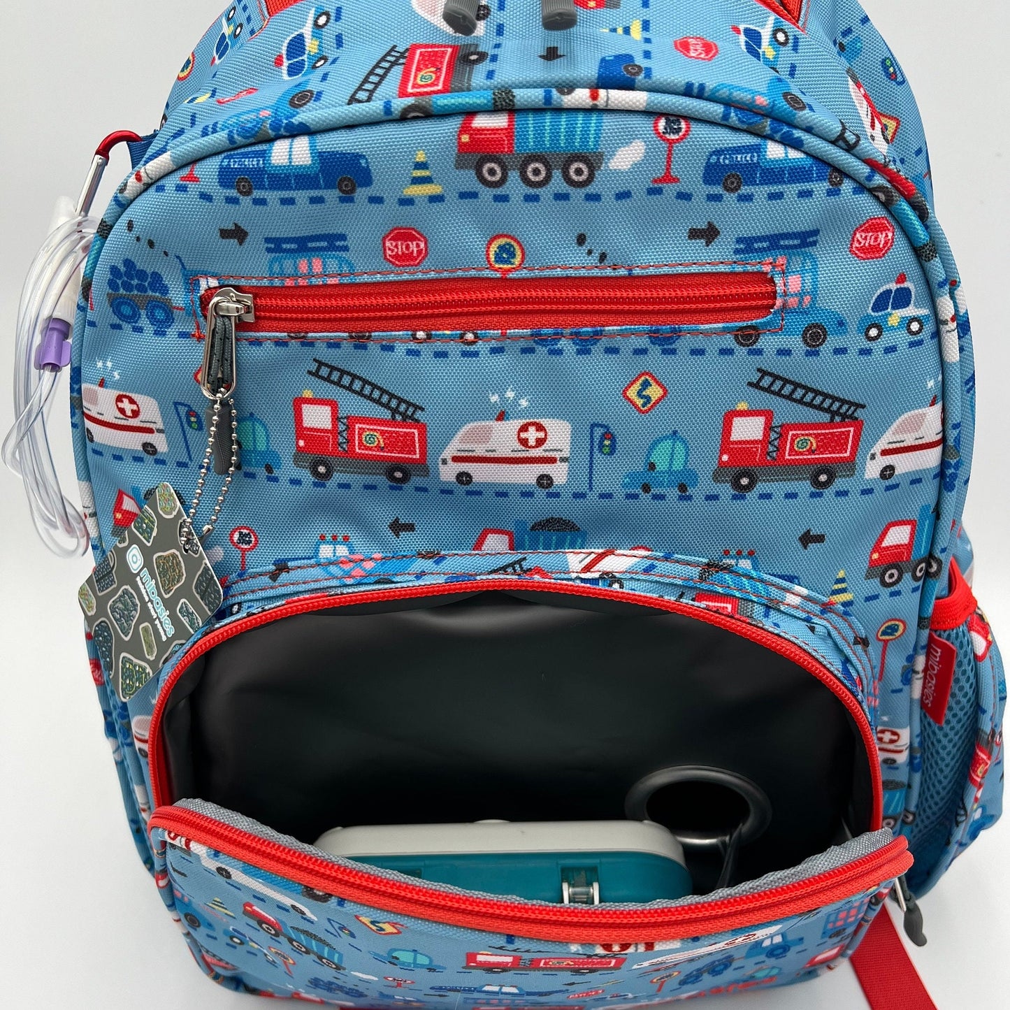 Medium/Large 15” | Gtube Modified Feeding Tube Backpack | Blue and Red Vehicles | For EnteraLite Infinity Feeding Pump