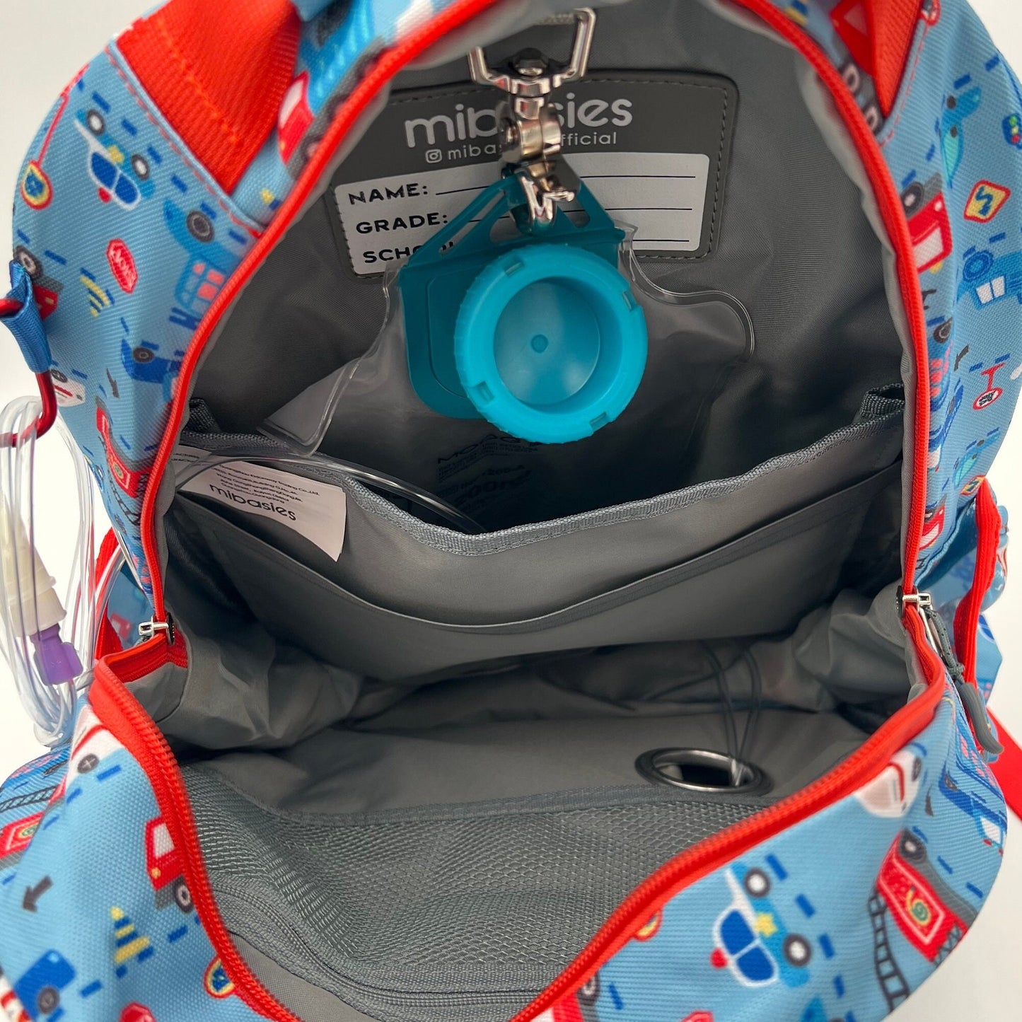 Medium/Large 15” | Gtube Modified Feeding Tube Backpack | Blue and Red Vehicles | For EnteraLite Infinity Feeding Pump