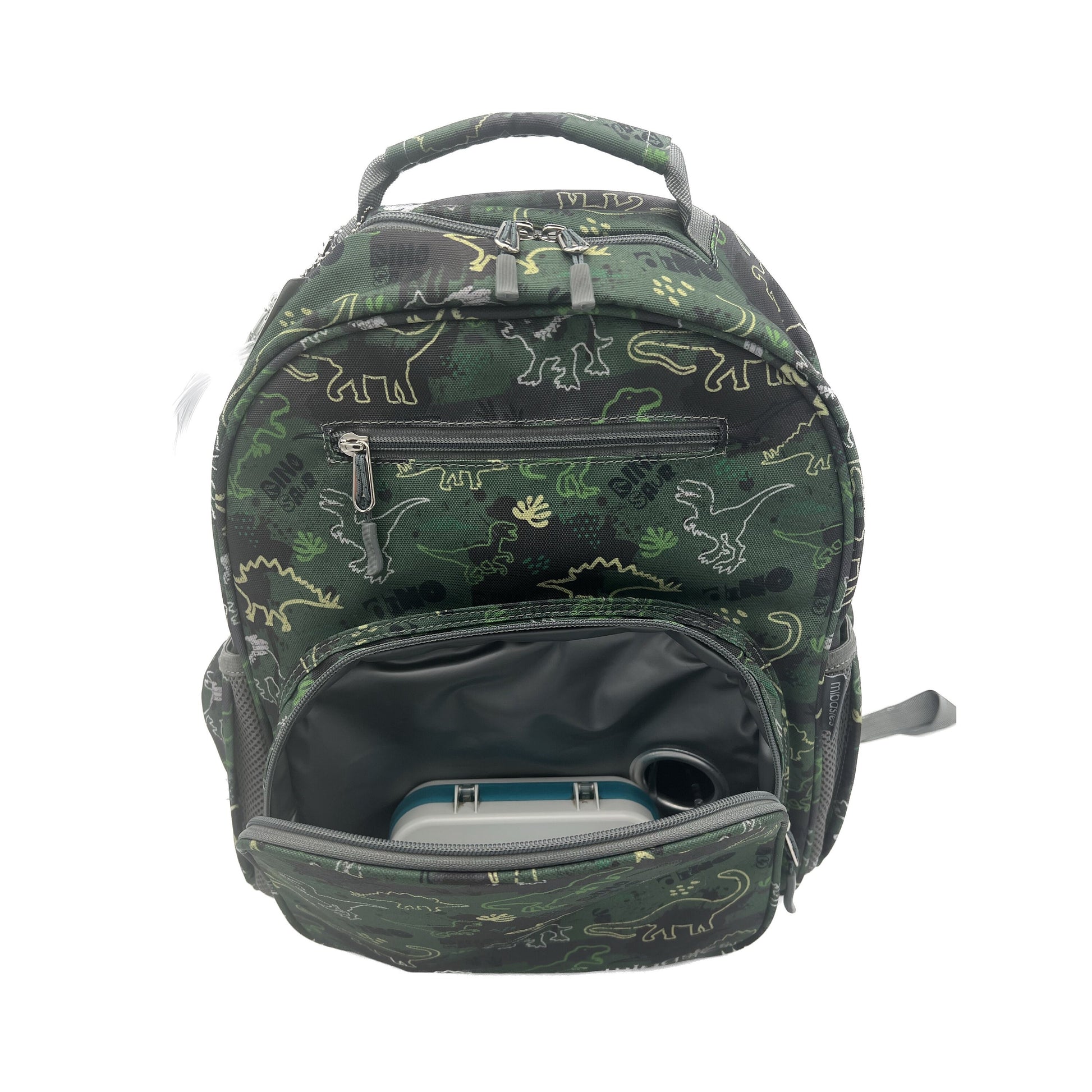 Medium/Large 15” | Gtube Modified Feeding Tube Backpack | Green Camo Dinosaurs | For EnteraLite Infinity Feeding Pump