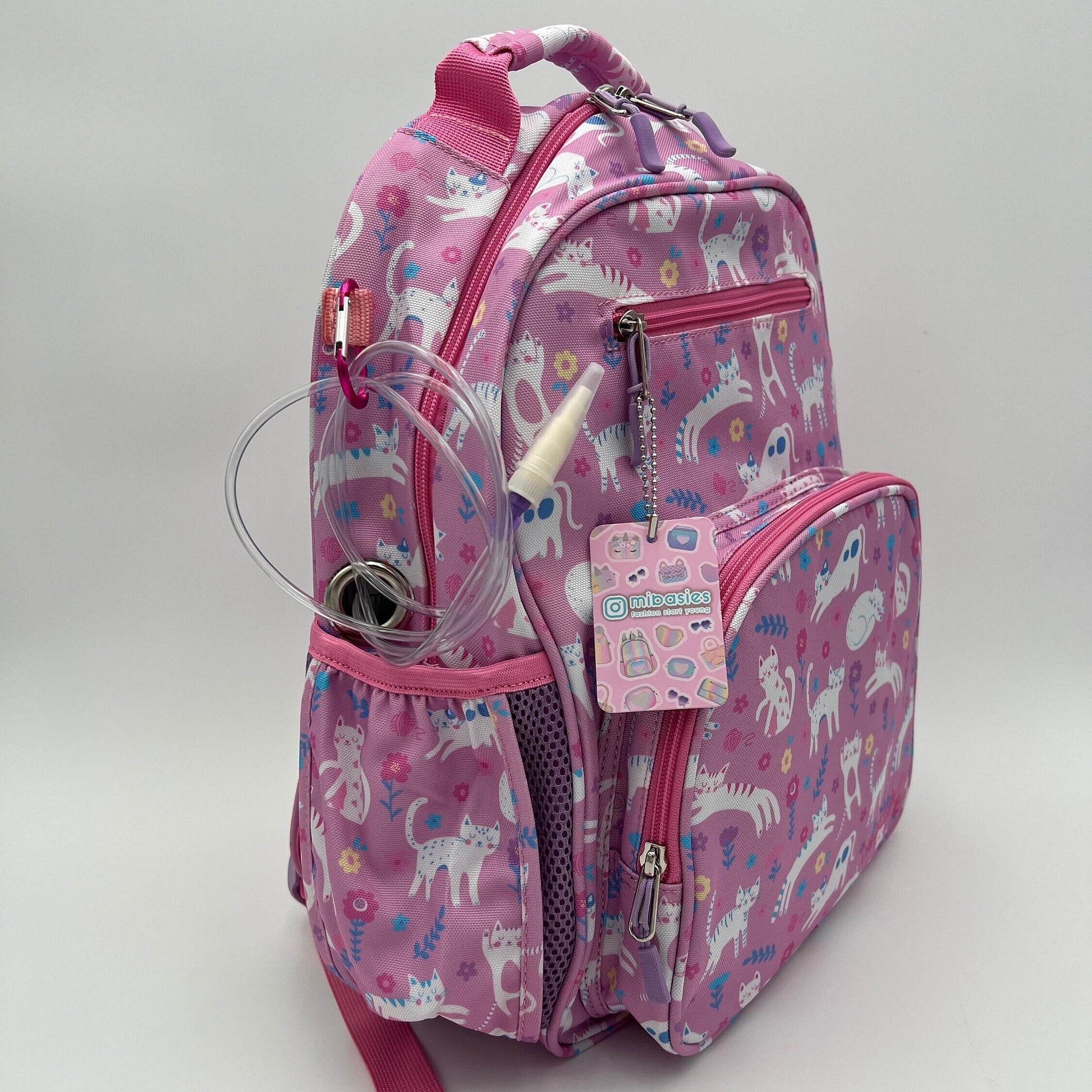 Medium/Large 15” | Gtube Modified Feeding Tube Backpack | Pink Cats | For EnteraLite Infinity Feeding Pump