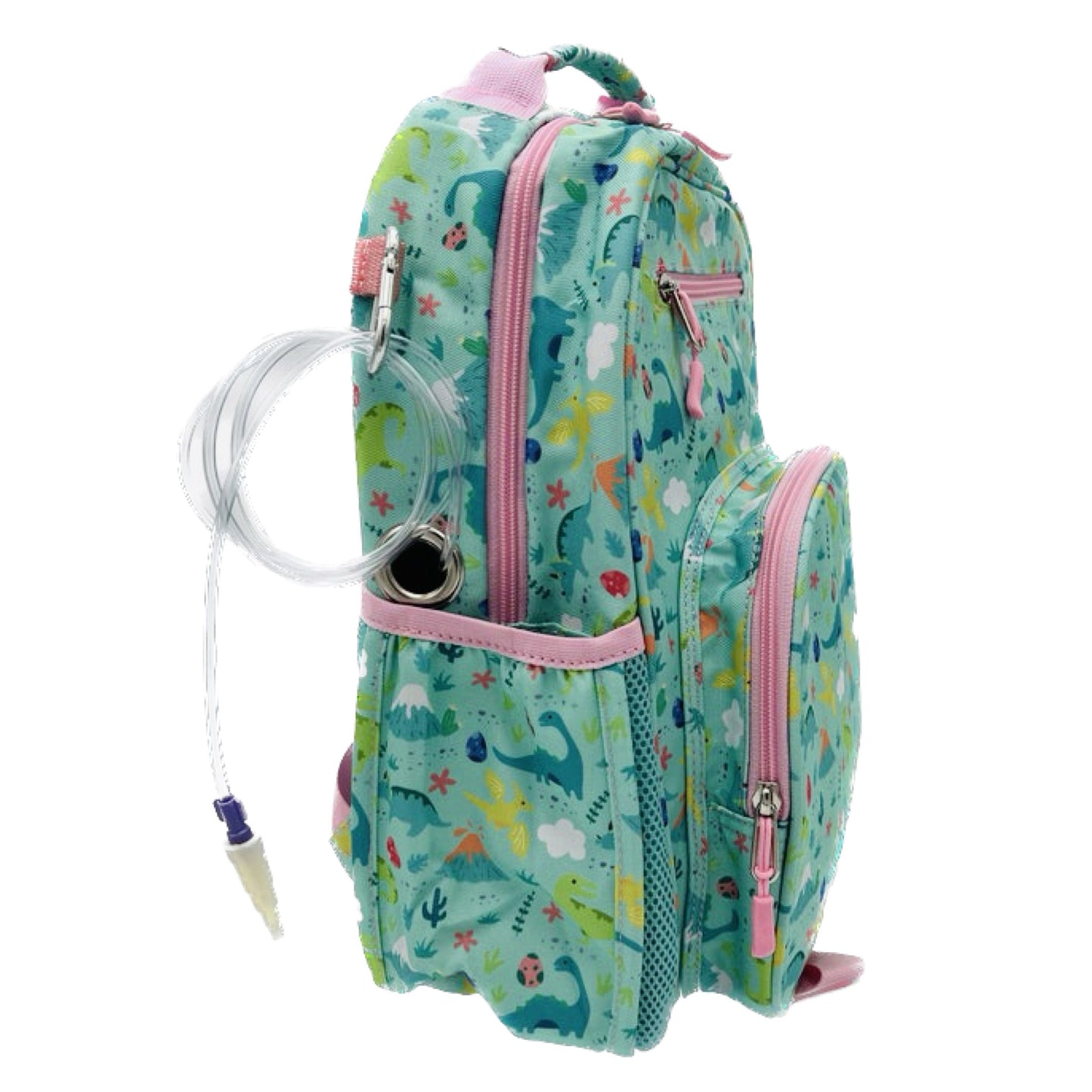 Medium/Large 15” | Gtube Modified Feeding Tube Backpack | Teal Dinosaurs | For EnteraLite Infinity Feeding Pump