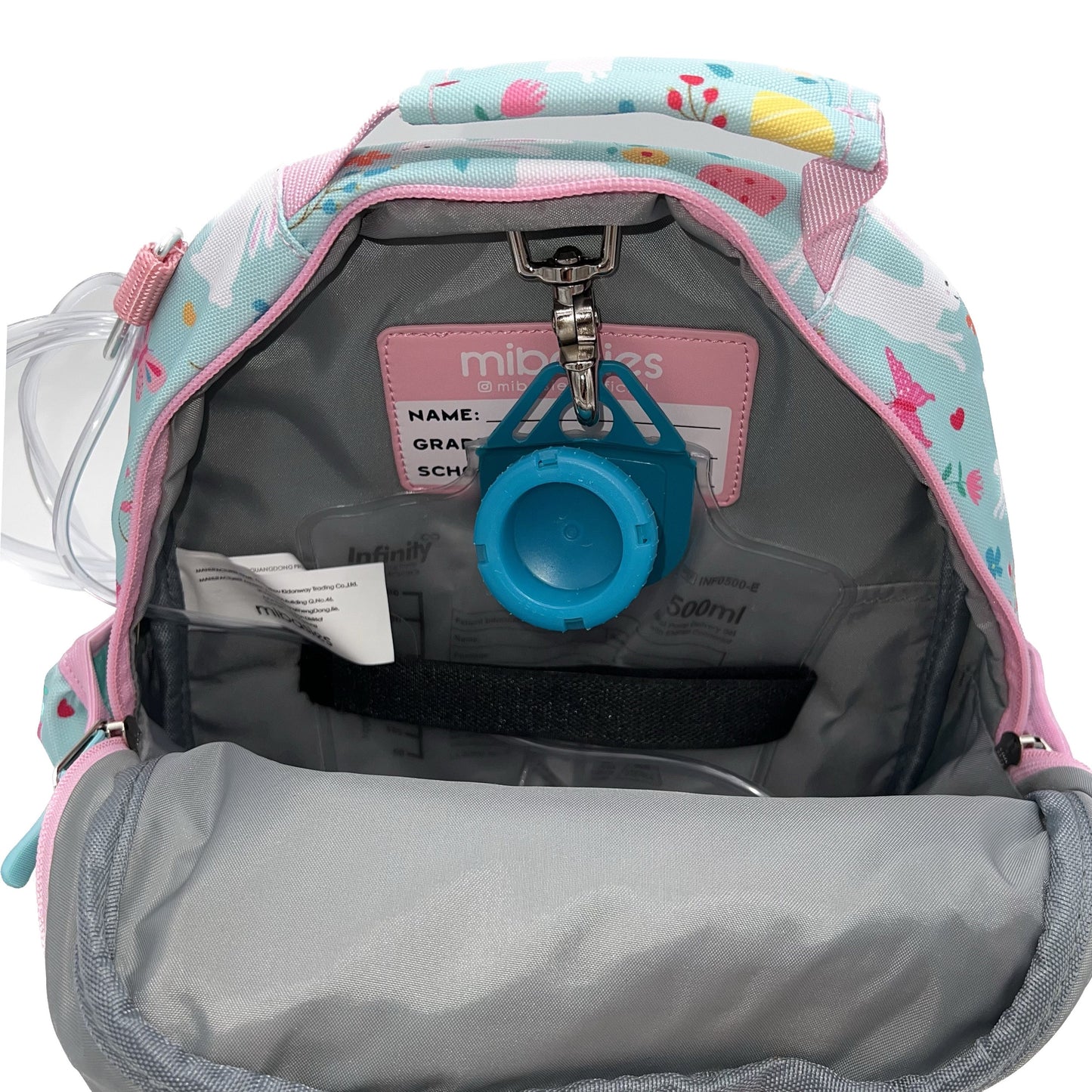 Small Feeding Tube Backpack | Blue and Pink Bunny | For EnteraLite Infinity Feeding Pump | 12”