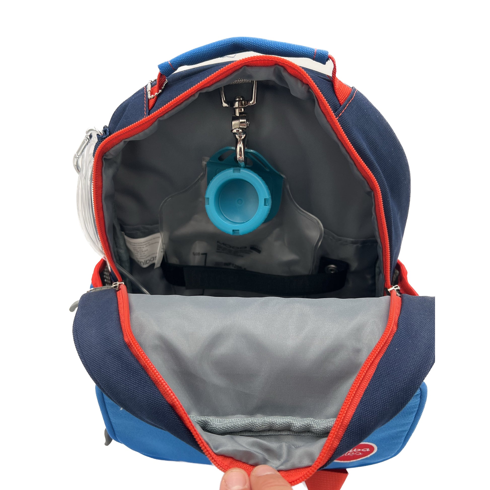 Small Feeding Tube Backpack | Navy Blue and Bright Blue | For EnteraLite Infinity Feeding Pump | 12”