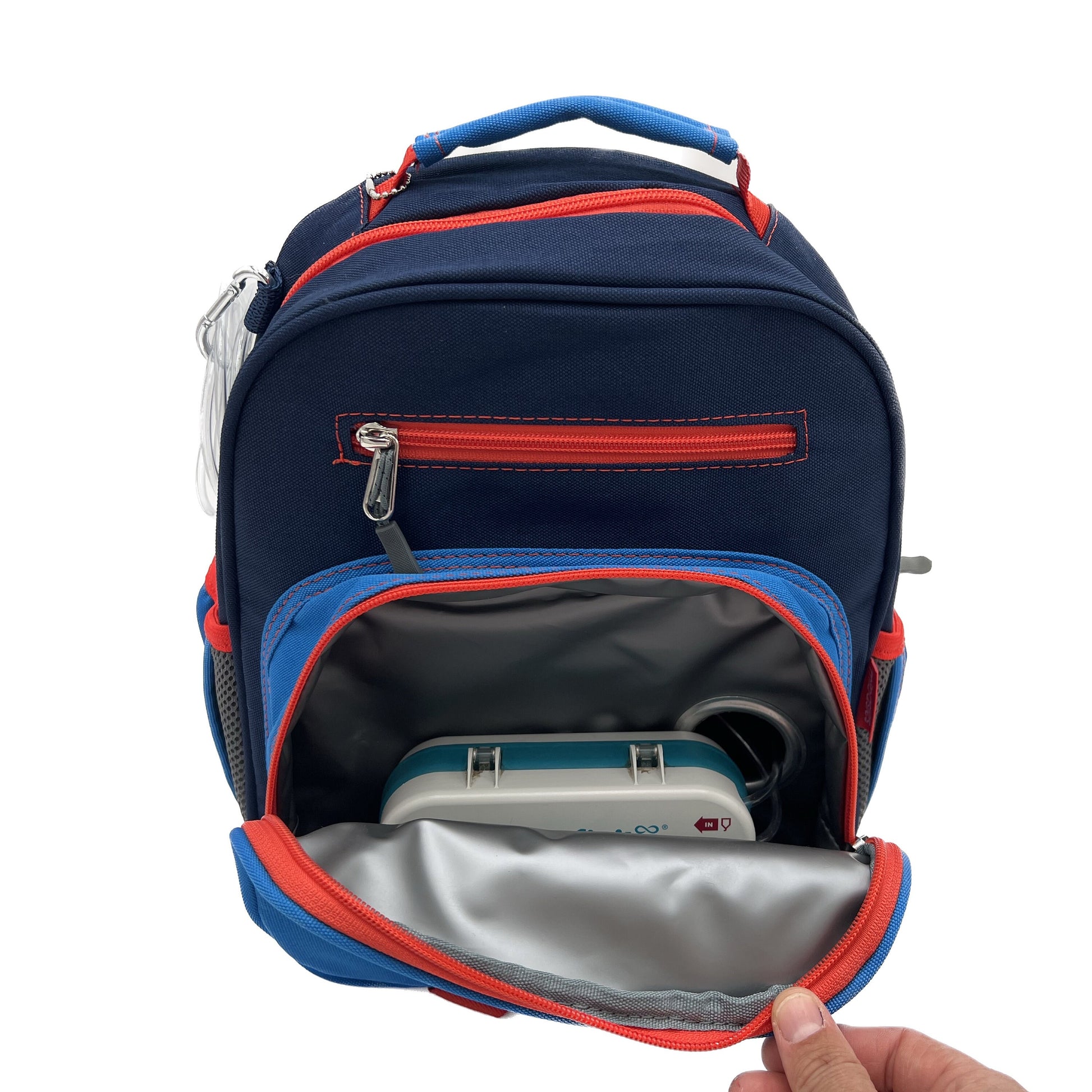 Small Feeding Tube Backpack | Navy Blue and Bright Blue | For EnteraLite Infinity Feeding Pump | 12”