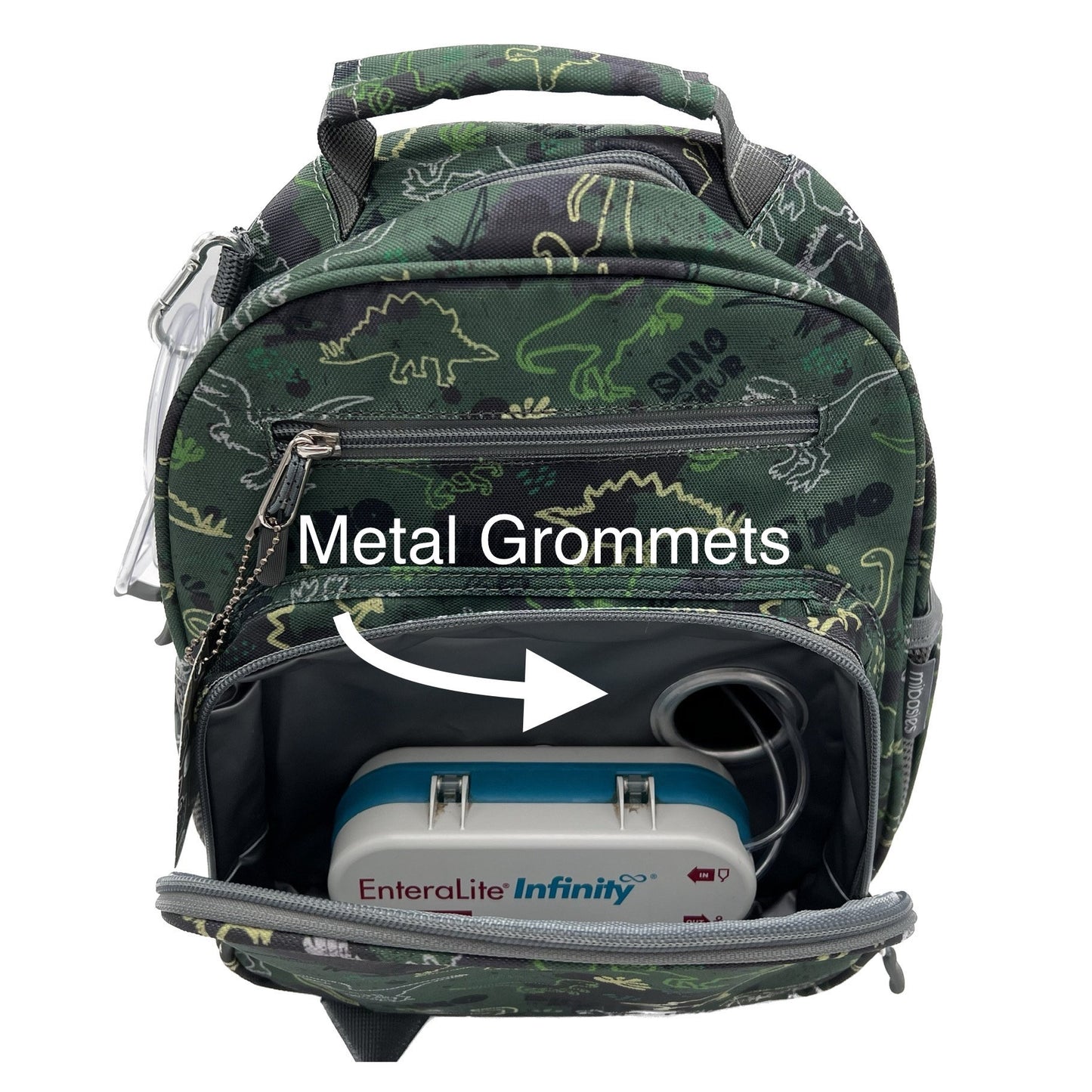 Small Feeding Tube Backpack | Green Camo Dinosaur | For EnteraLite Infinity Feeding Pump | 12”