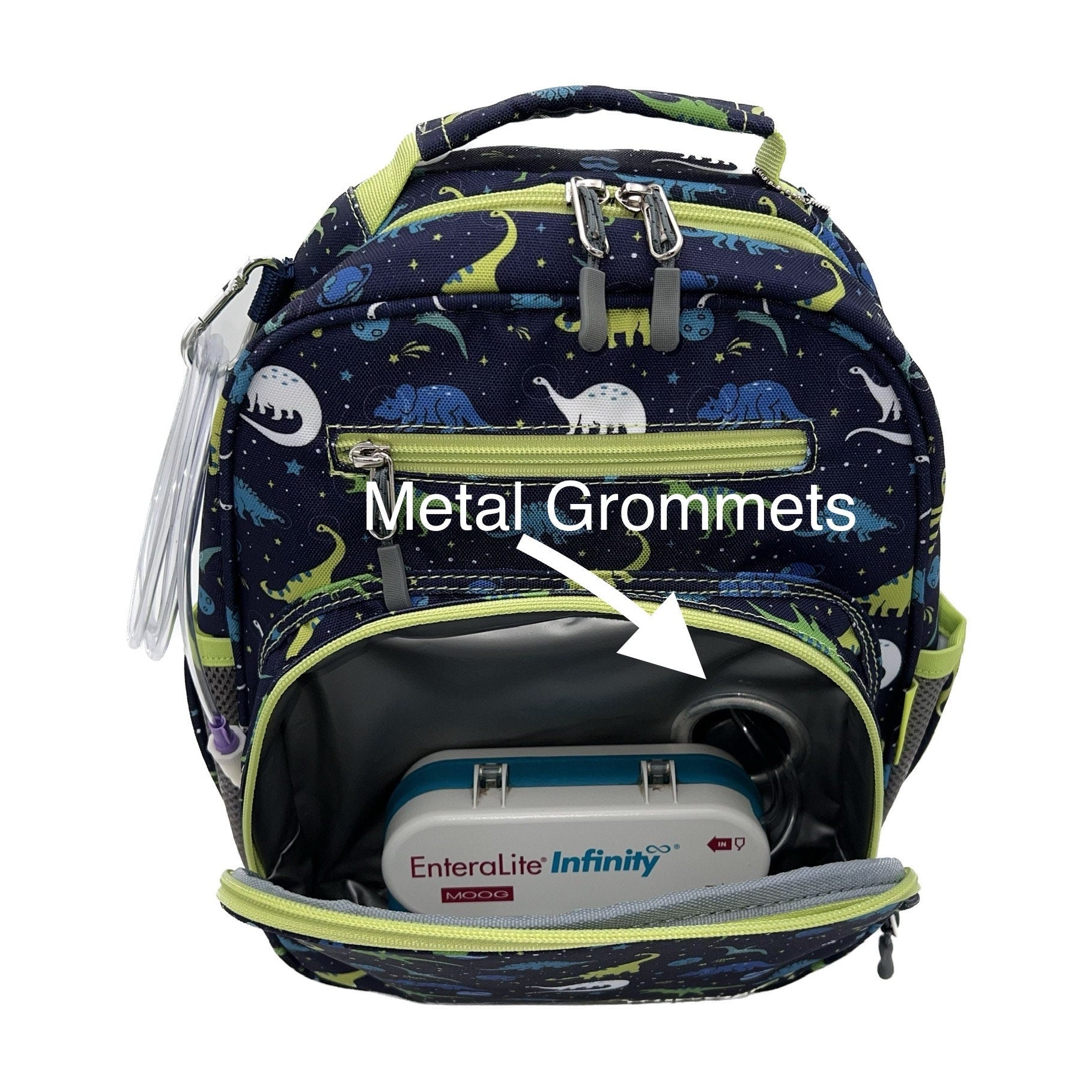 Small Feeding Tube Backpack | Navy Blue Cosmic Dinosaur | For EnteraLite Infinity Feeding Pump | 12”