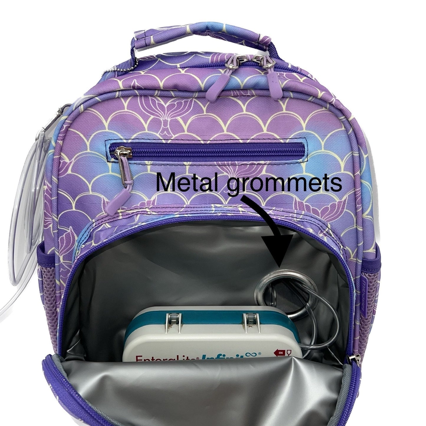 Small Feeding Tube Backpack | Purple Mermaid | For EnteraLite Infinity Feeding Pump, Kangaroo Joey / Omni | 12”