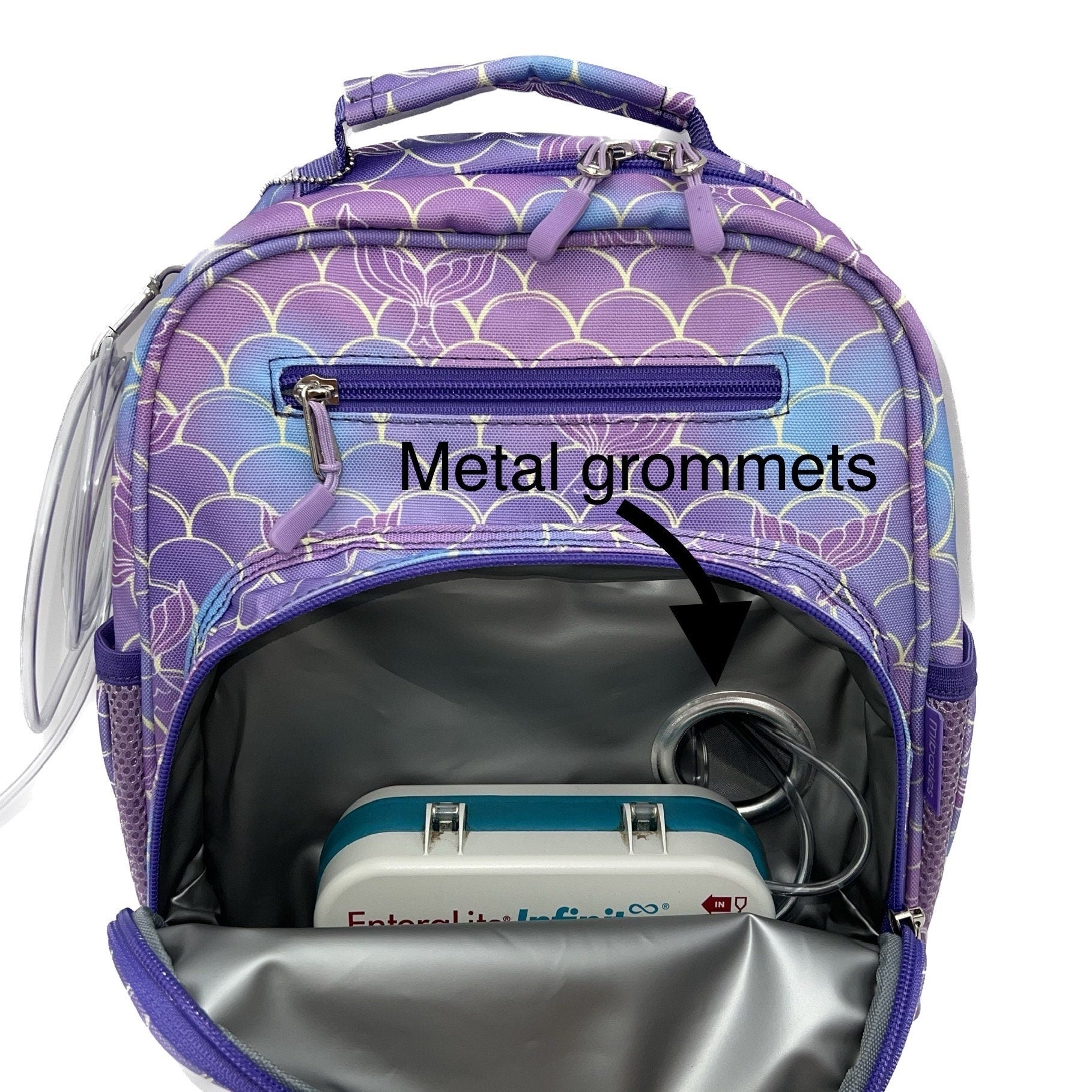 Small Feeding Tube Backpack | Purple Mermaid | For EnteraLite Infinity Feeding Pump, Kangaroo Joey / Omni | 12”