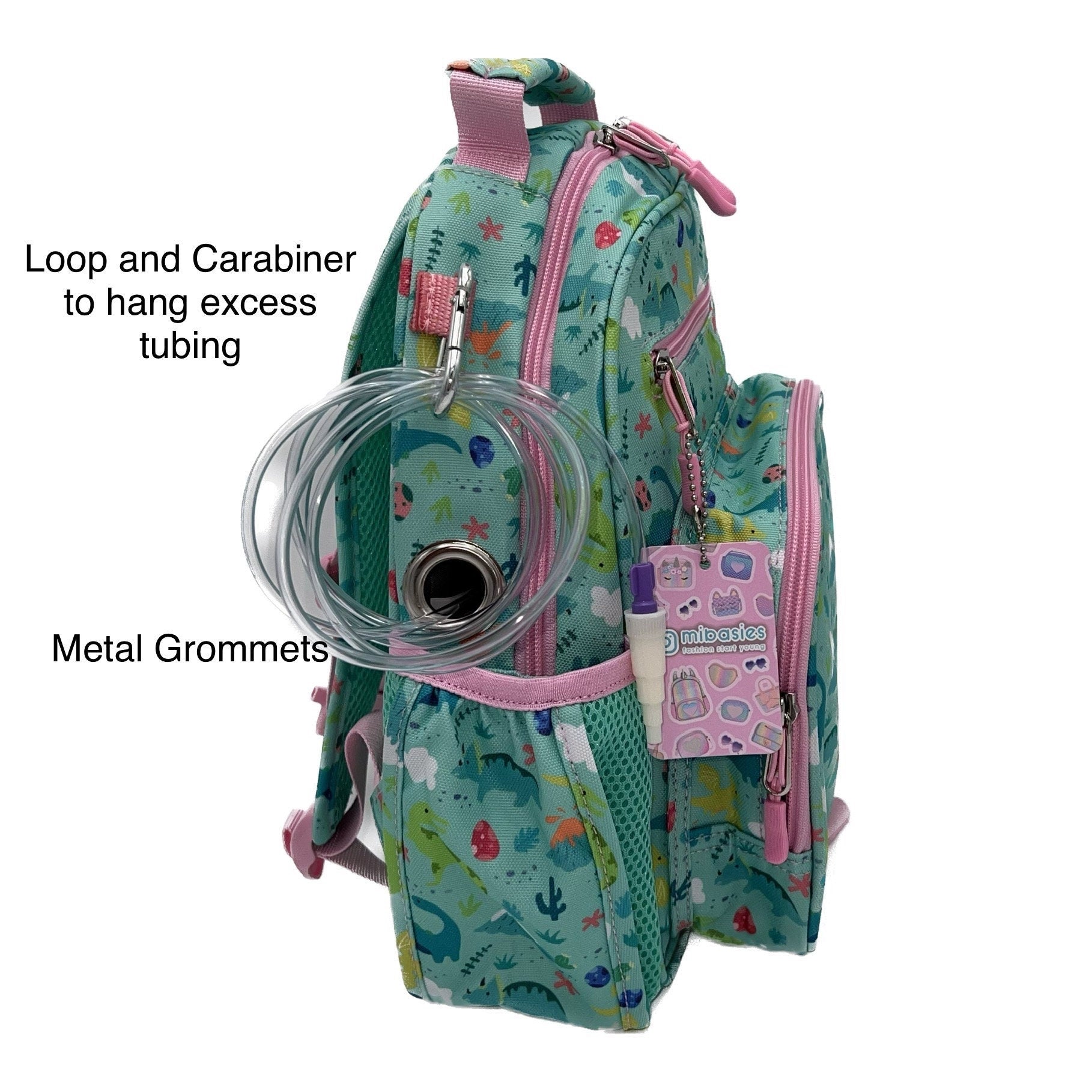 Small Feeding Tube Backpack | Teal and Pink Dinosaurs | For EnteraLite Infinity Feeding Pump, Kangaroo Joey / Omni | 12”