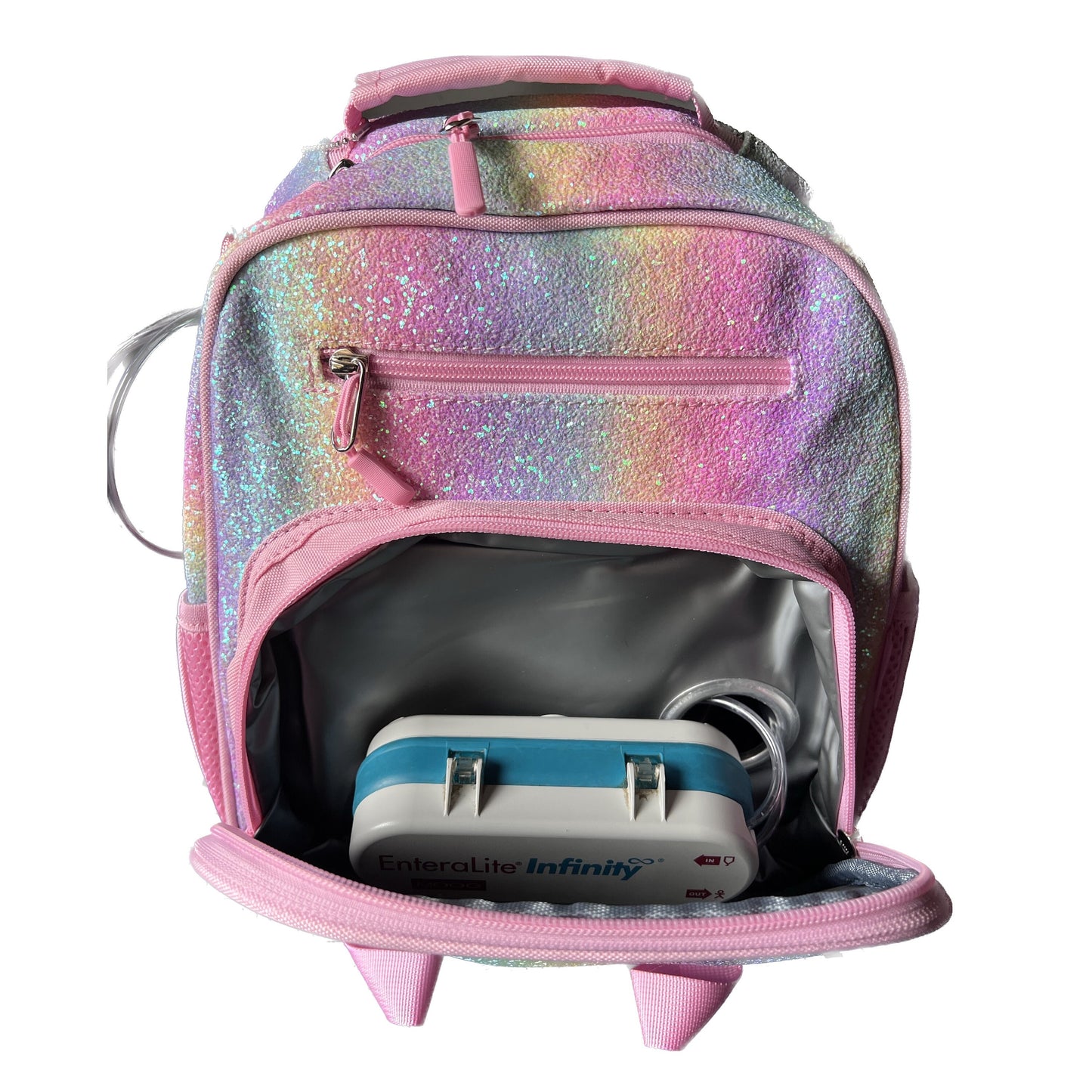 Small Feeding Tube Backpack | Pink Glitter Rainbow | For EnteraLite Infinity Feeding Pump | 12”