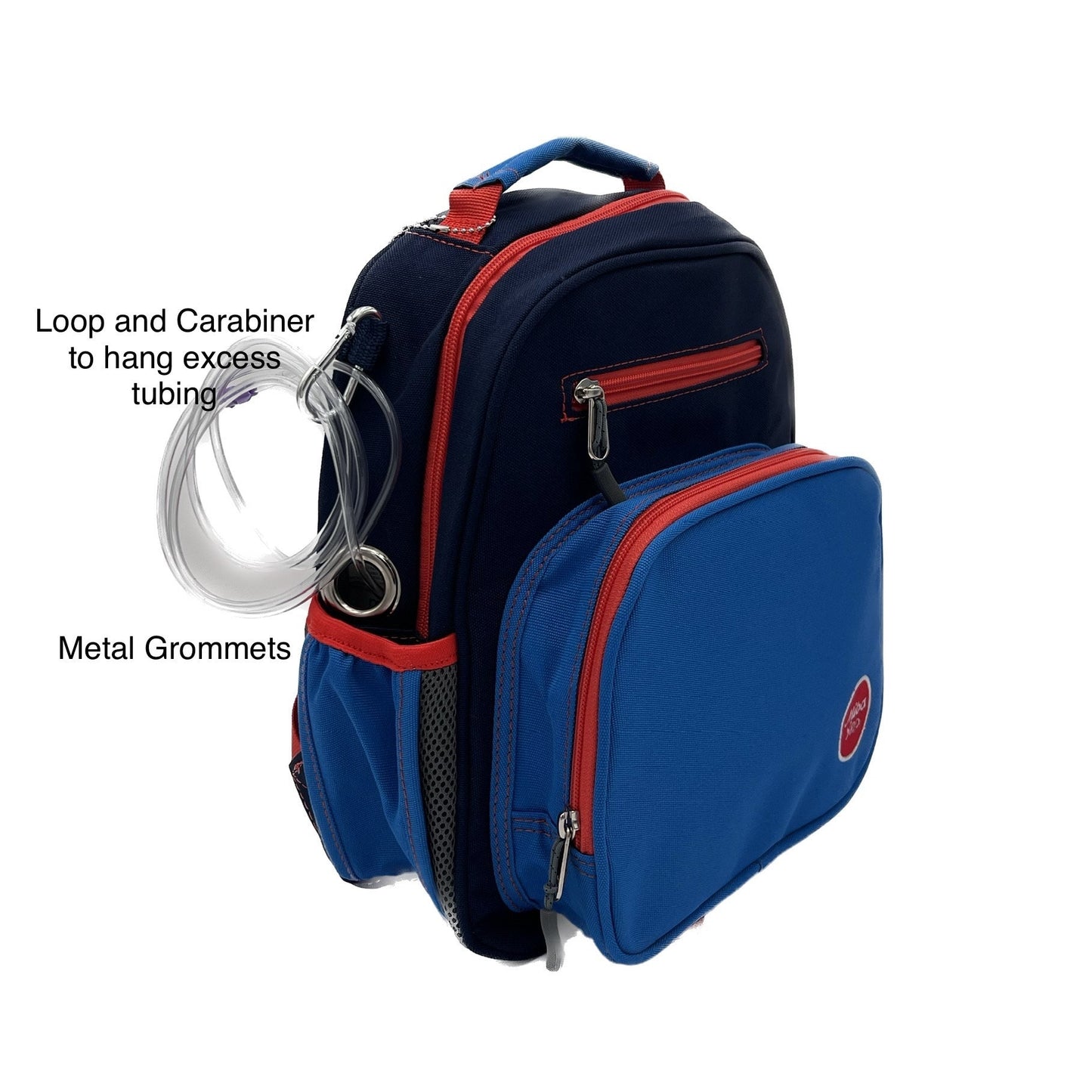 Small Feeding Tube Backpack | Navy Blue and Bright Blue | For EnteraLite Infinity Feeding Pump | 12”