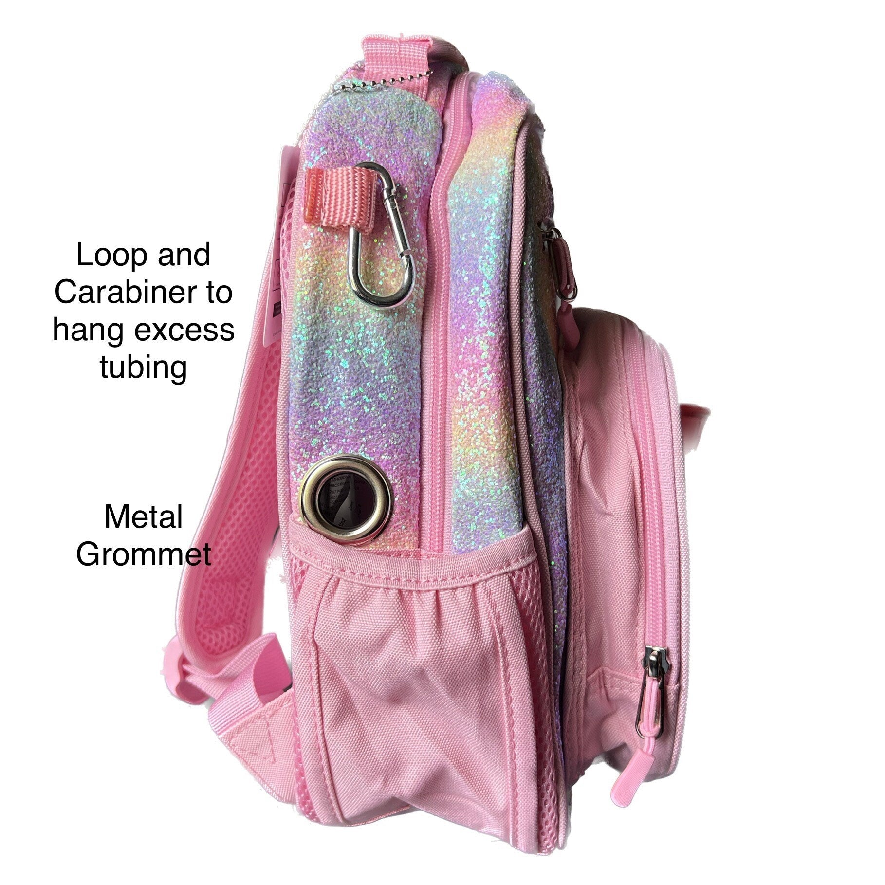 Small Feeding Tube Backpack | Pink Glitter Rainbow | For EnteraLite Infinity Feeding Pump | 12”