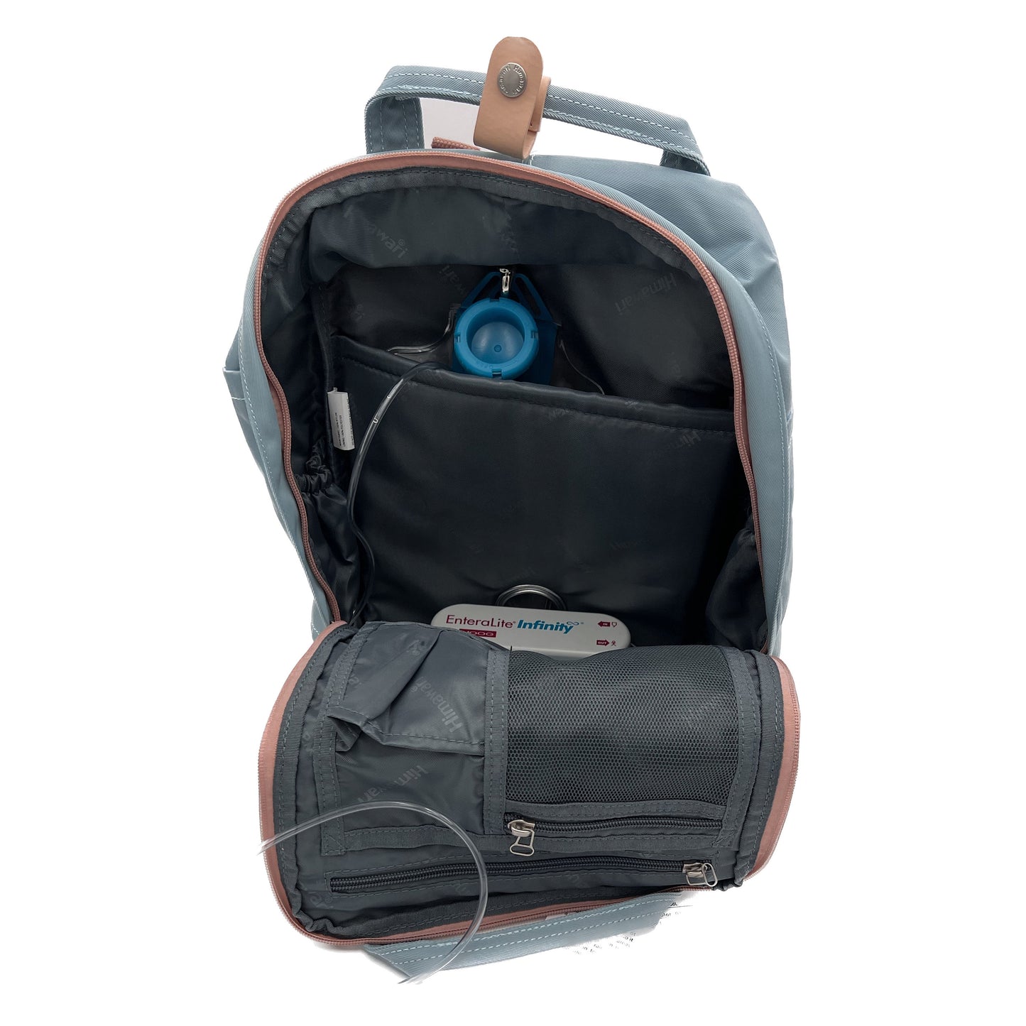 Medium Feeding Tube Backpack | Light Blue and Grey | Adapted for Kangaroo Joey and Enteralite Infinity | 14”