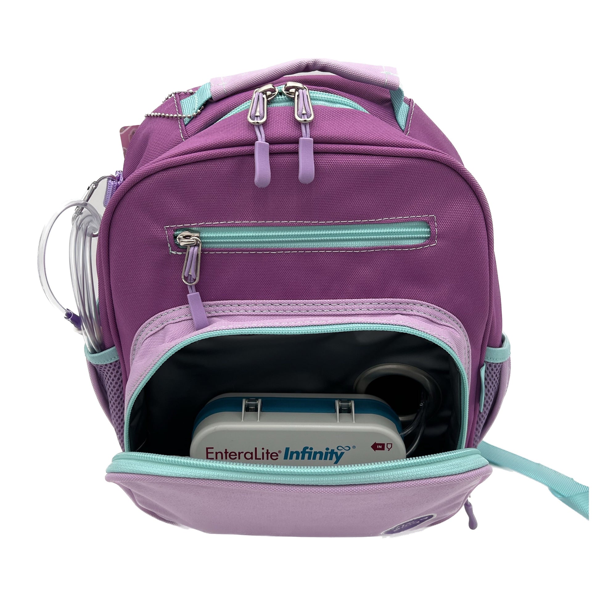 Small Feeding Tube Backpack | Dark/Light Purple and Teal | For EnteraLite Infinity Feeding Pump | 12”