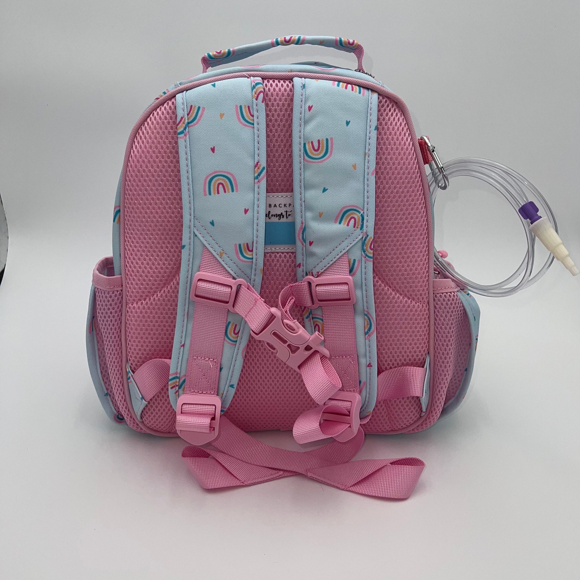 Small Feeding Tube Backpack | Light Blue Rainbows | For EnteraLite Infinity Feeding Pump, Kangaroo Joey / Omni | 12”