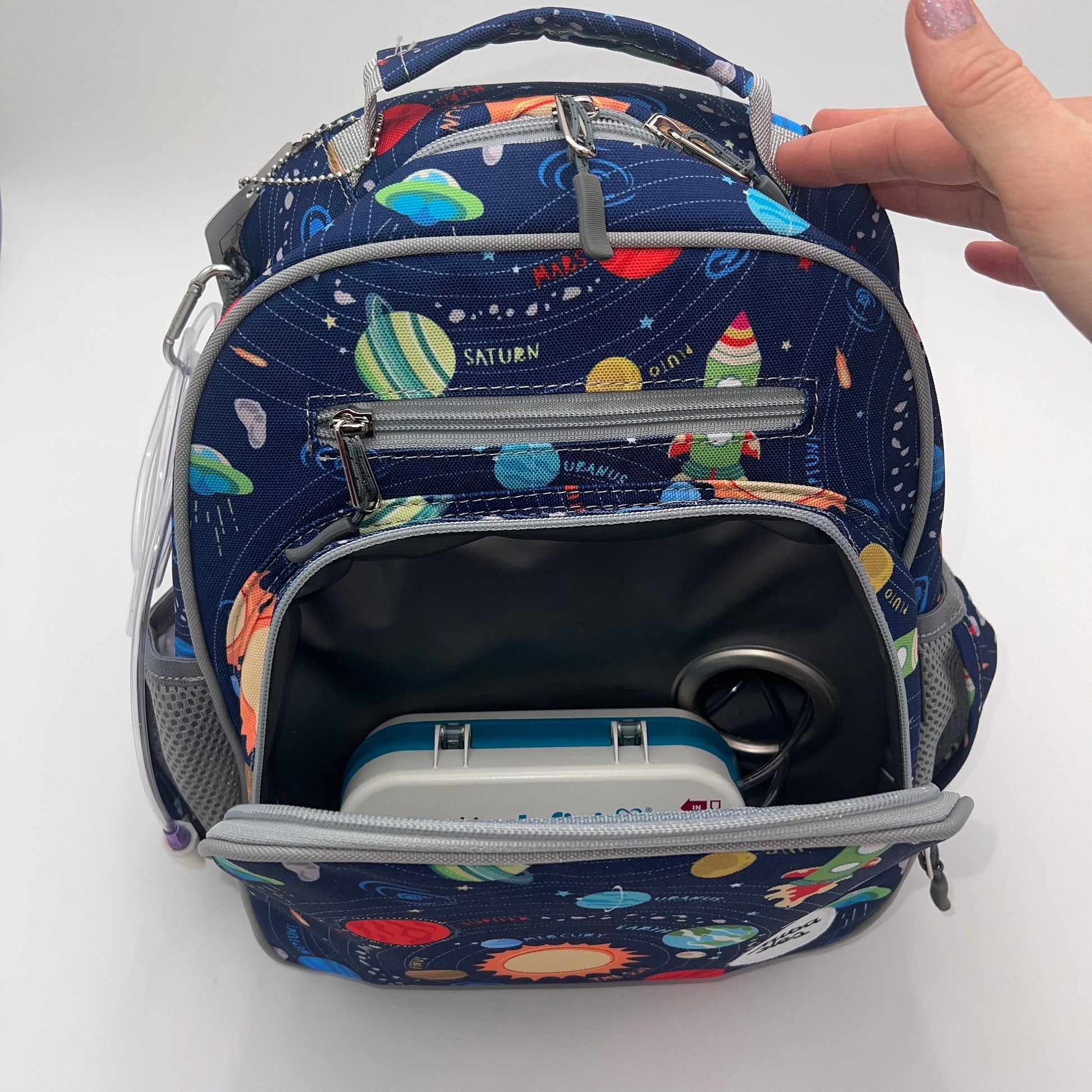 Small Feeding Tube Backpack | Navy Blue Planets | For EnteraLite Infinity Feeding Pump | 12”