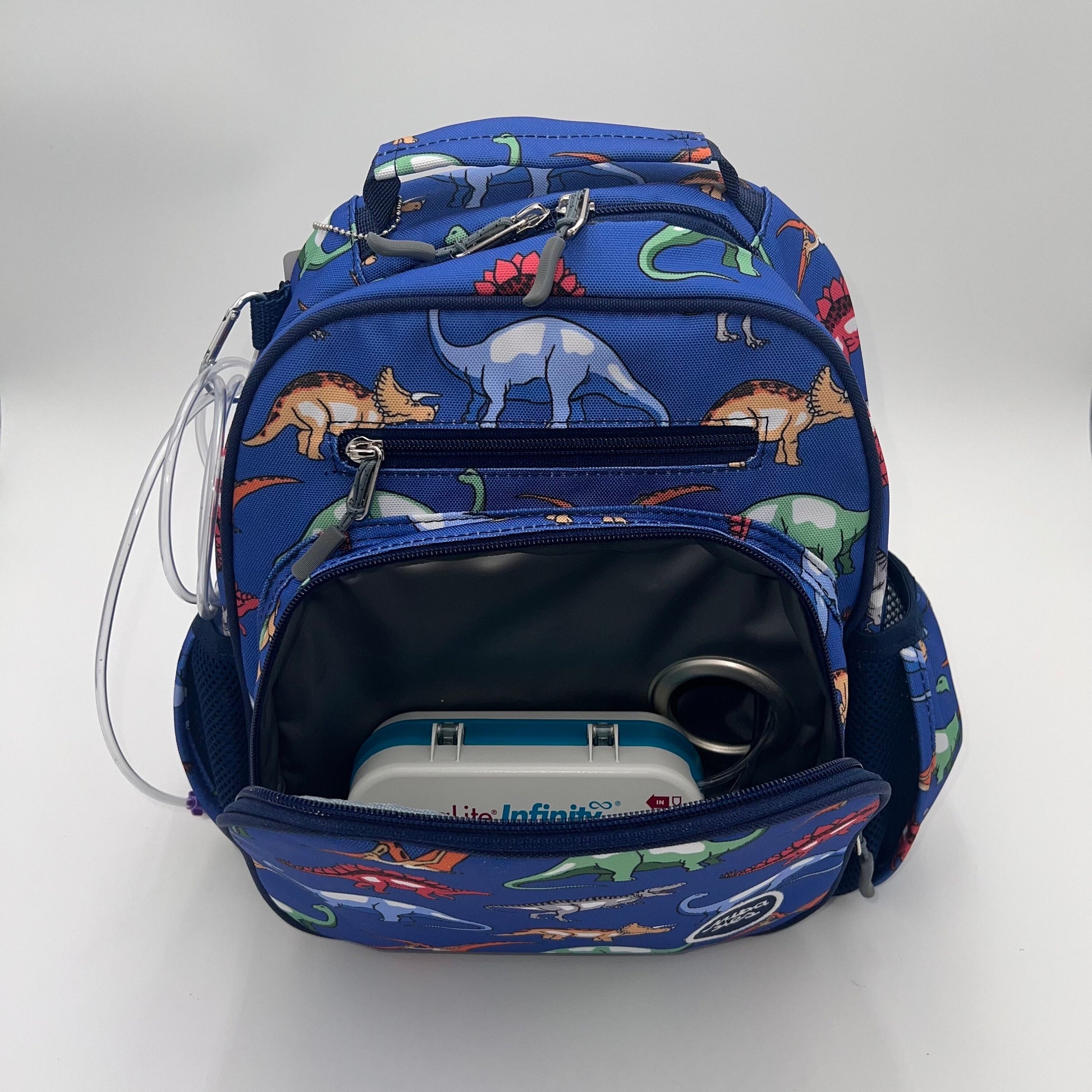 Small Feeding Tube Backpack | Navy Blue Dinosaurs | For EnteraLite Infinity Feeding Pump | 12”