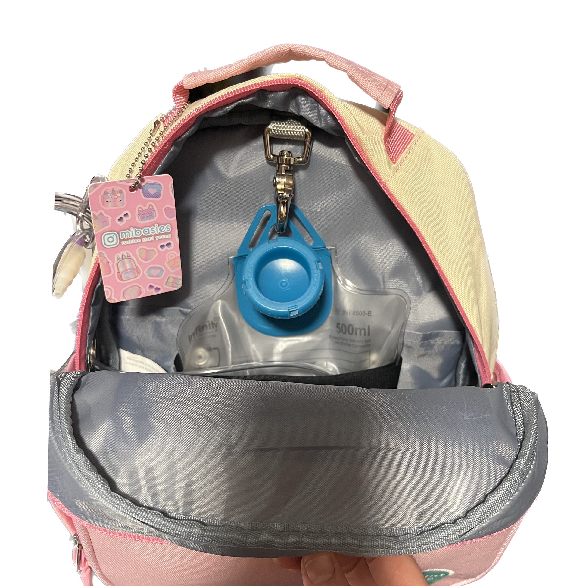 Small Feeding Tube Backpack | Cream and Pink | For EnteraLite Infinity Feeding Pump | 12”