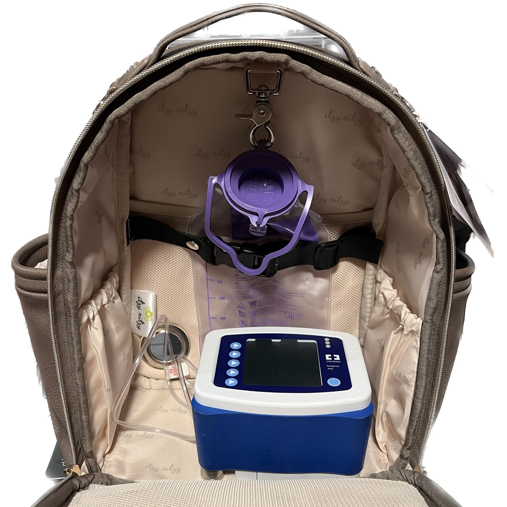Small Tube Feeding Backpack | Vanilla Latte, Vegan Leather | Small, 12” | For Enteralite Infinity, Kangaroo Joey/Omni, TPN