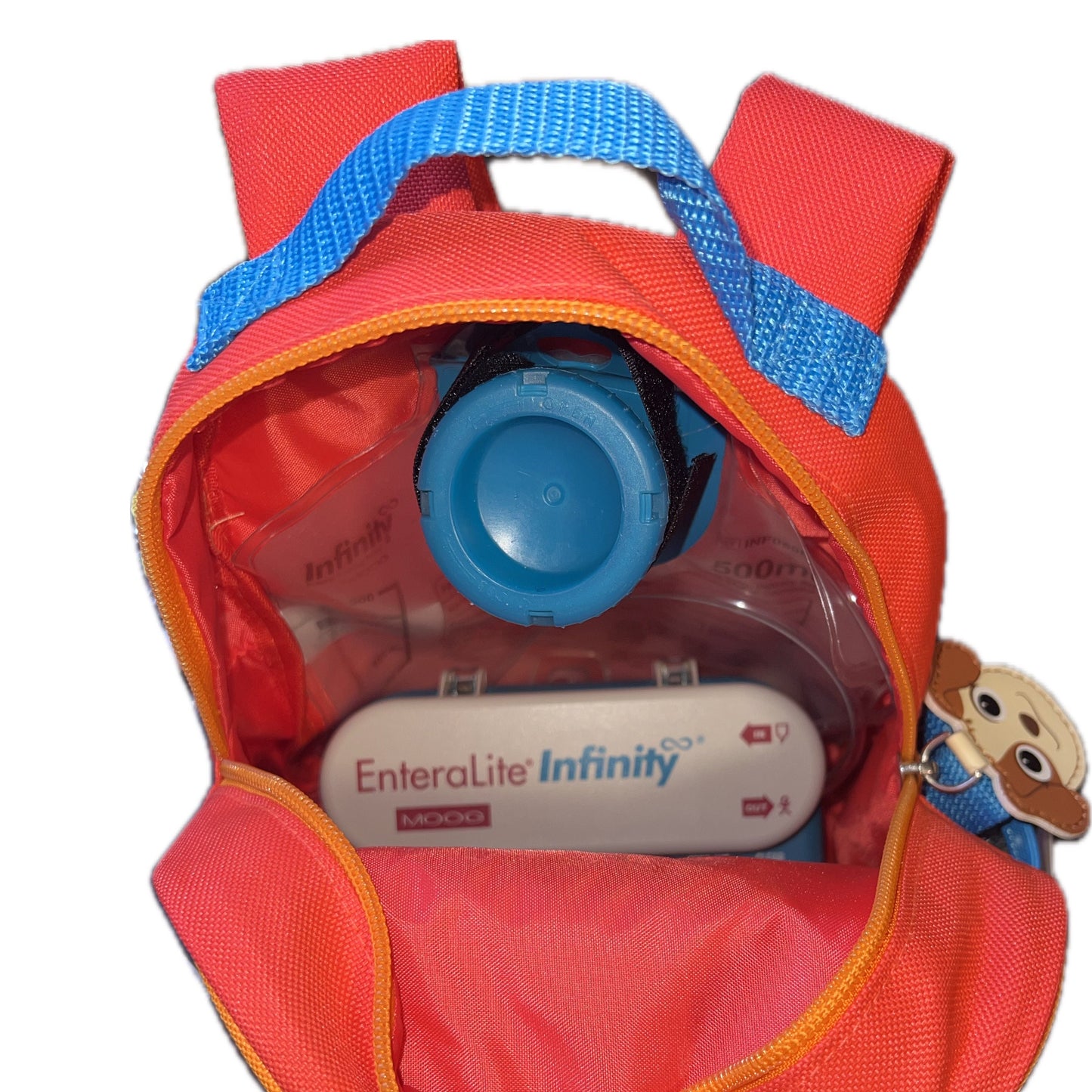 Infant Sized Tube Feeding Backpack with Leash | 500ML | for EnteraLite Infinity Pump | XS 9” | Blue Monster, Very Small