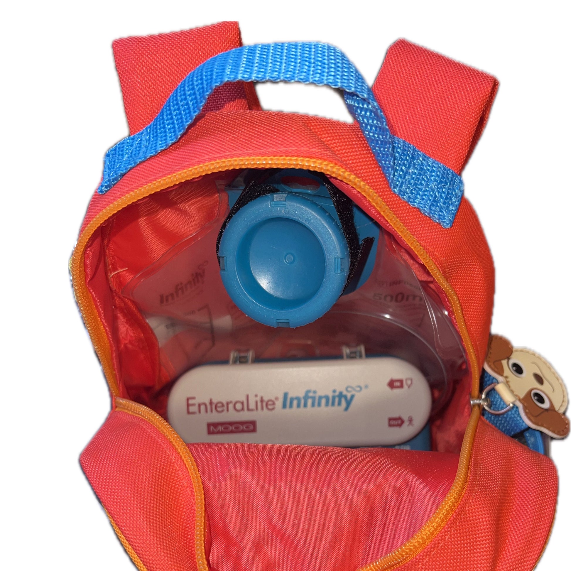 Infant Sized Tube Feeding Backpack with Leash | 500ML | for EnteraLite Infinity Pump | XS 9” | Blue Monster, Very Small