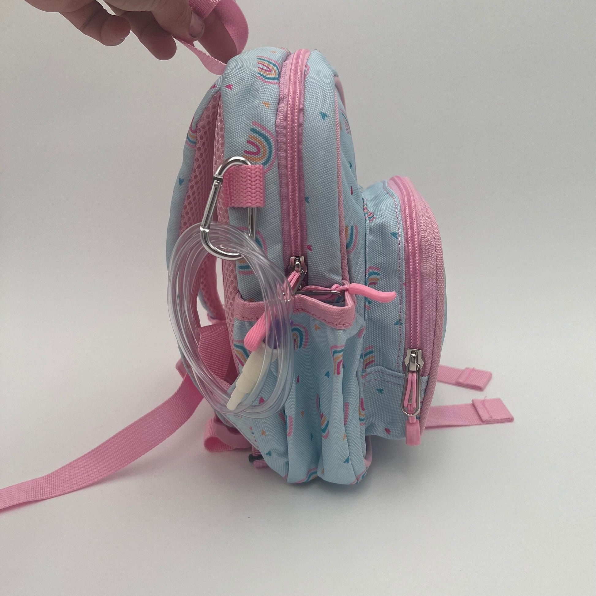 Infant Sized Tube Feeding Backpack with Leash | 500ML | for EnteraLite Infinity Pump | XS 9.5” | Blue and Pink Rainbows